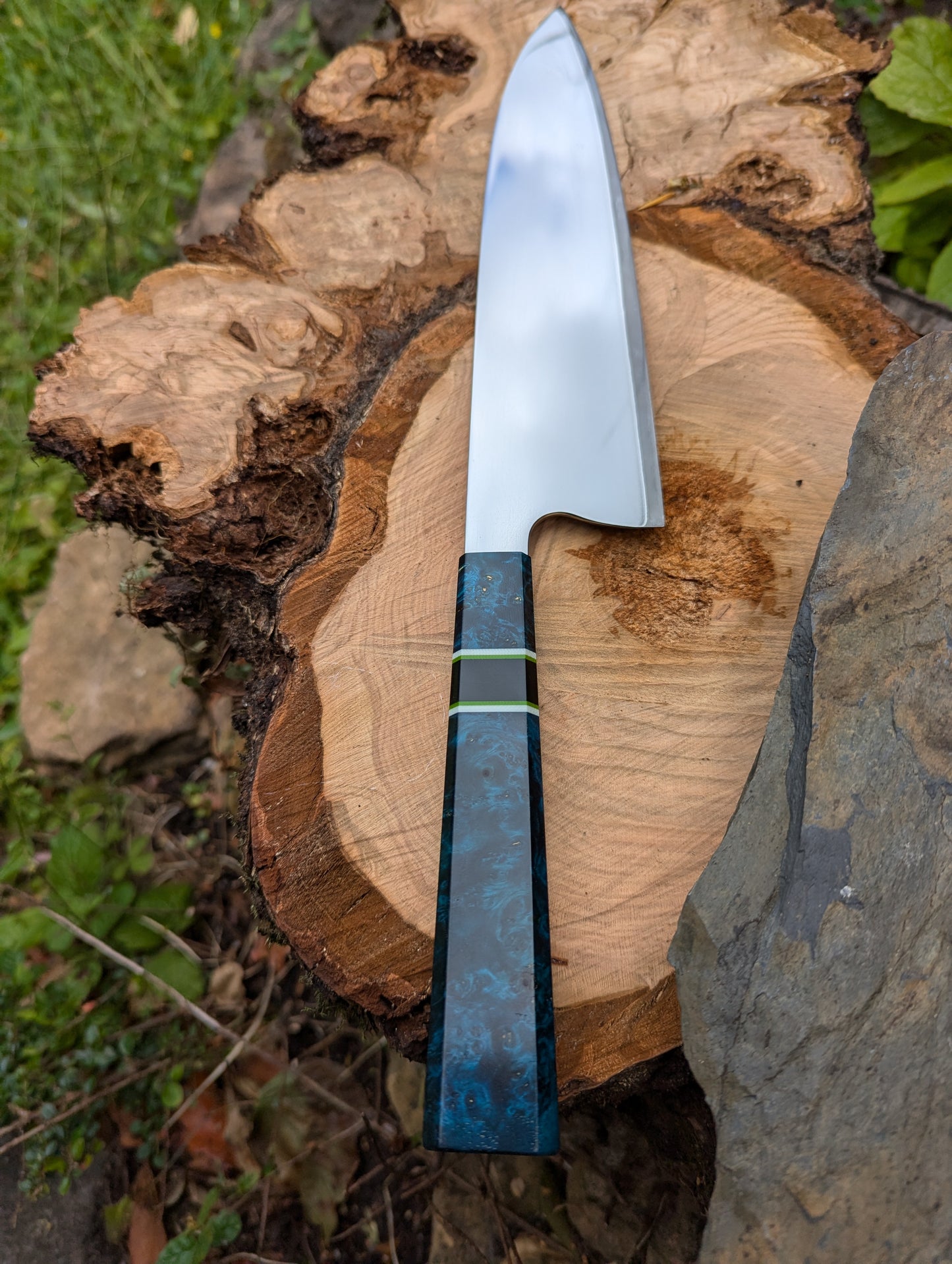 Handmade 10" chef's knife, Super blue Stainless Steel Clad. Amboyna burl handle