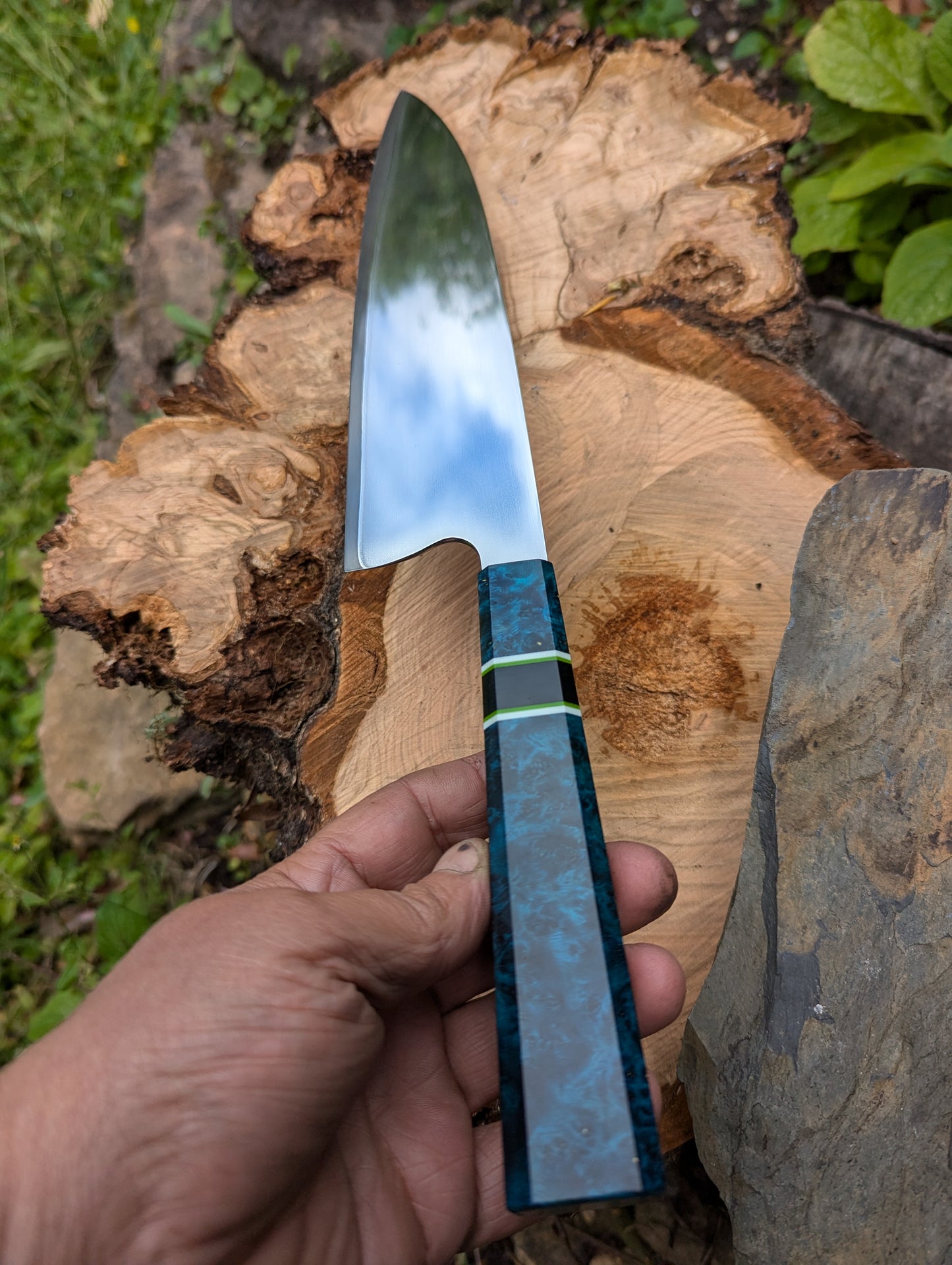 Handmade 10" chef's knife, Super blue Stainless Steel Clad. Amboyna burl handle