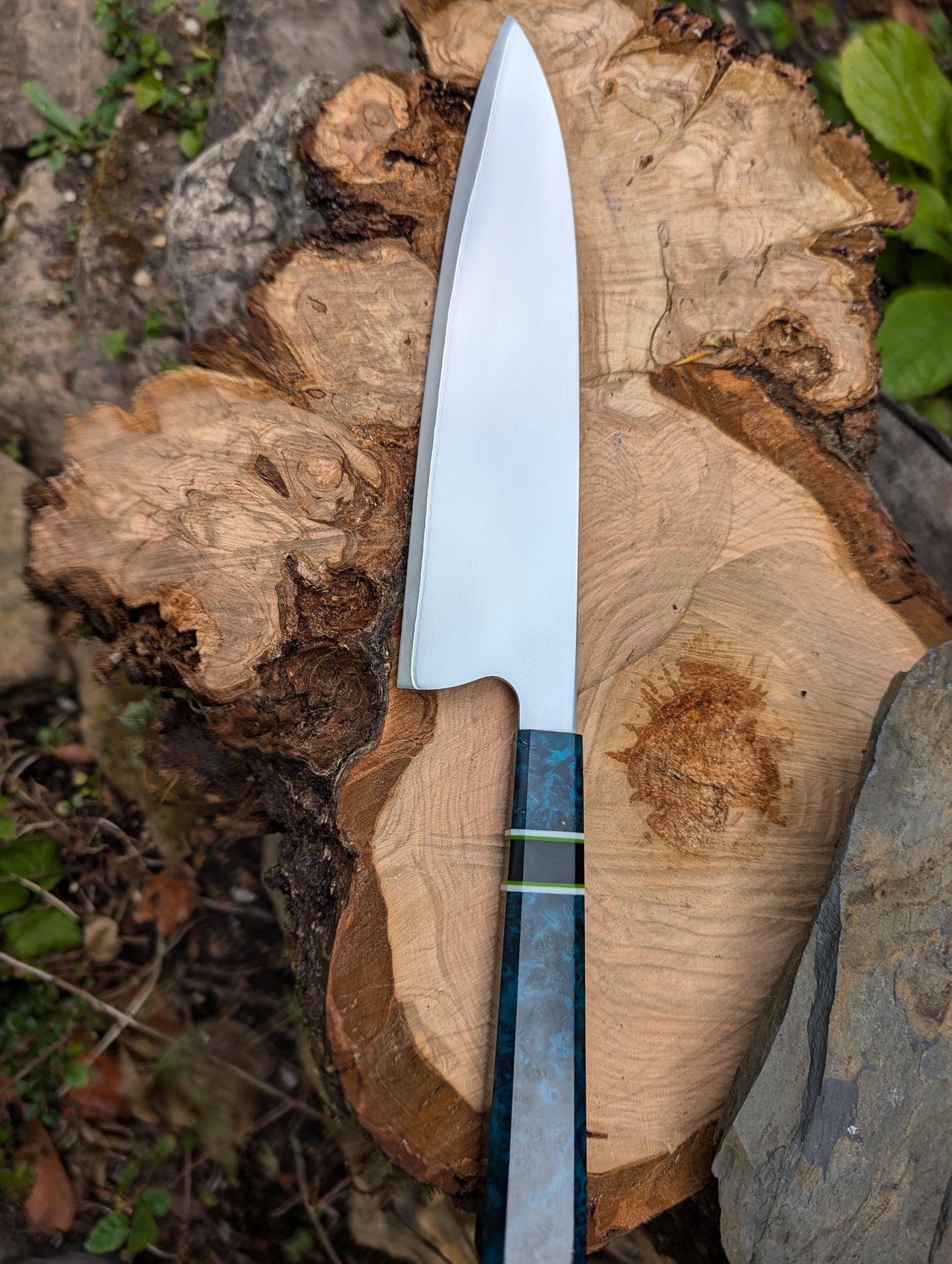 Handmade 10" chef's knife, Super blue Stainless Steel Clad. Amboyna burl handle