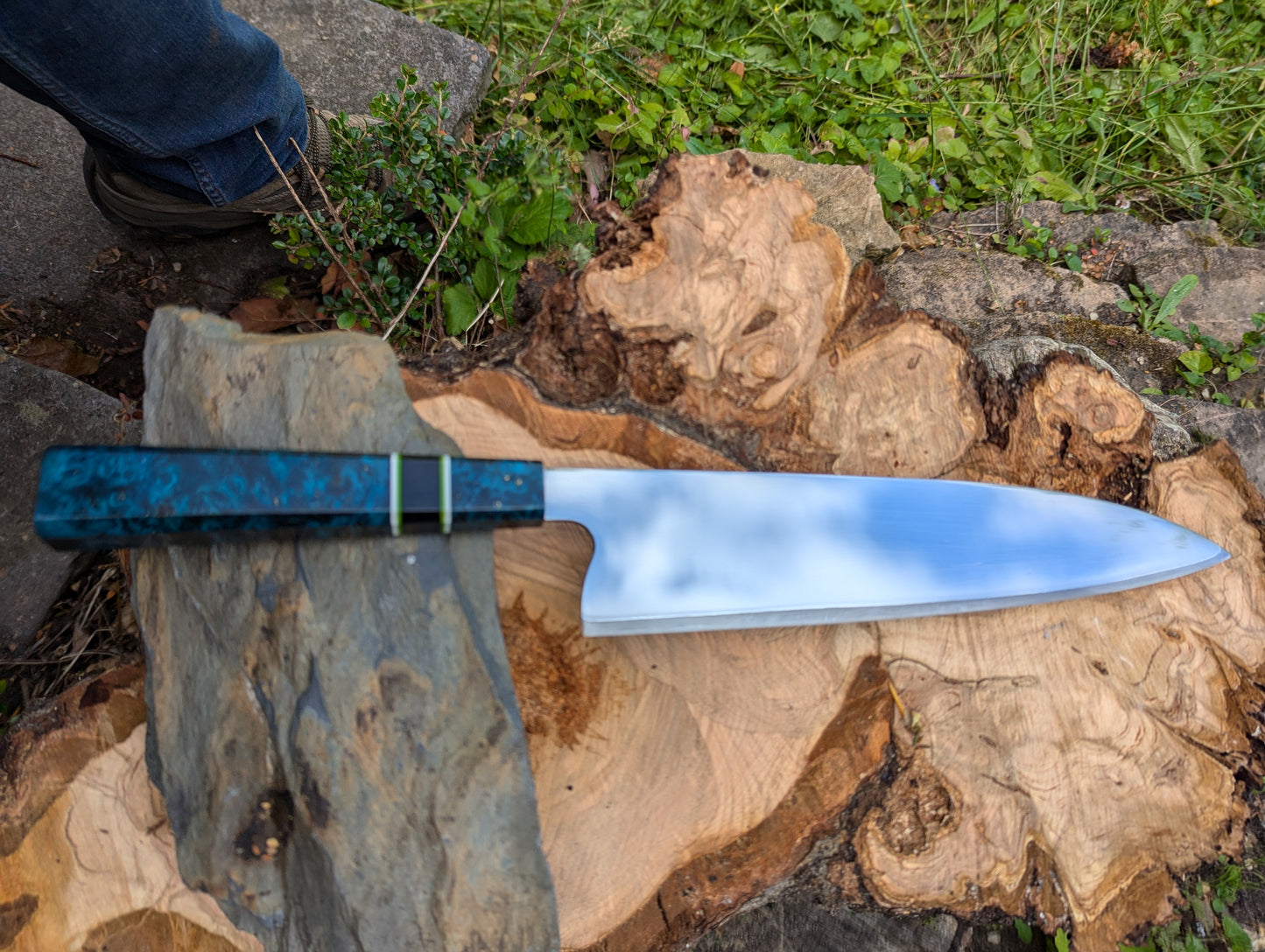 Handmade 10" chef's knife, Super blue Stainless Steel Clad. Amboyna burl handle