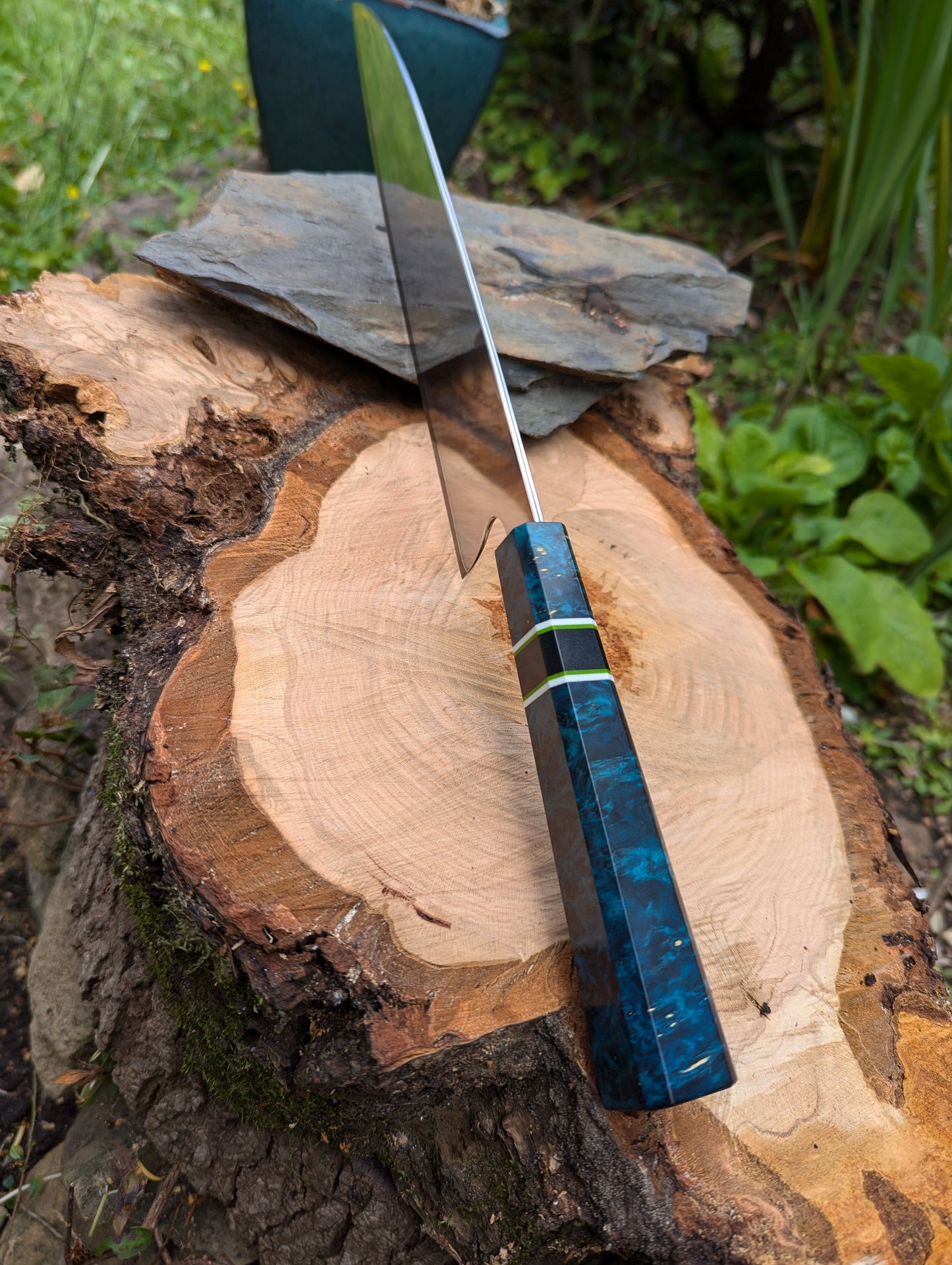 Handmade 10" chef's knife, Super blue Stainless Steel Clad. Amboyna burl handle