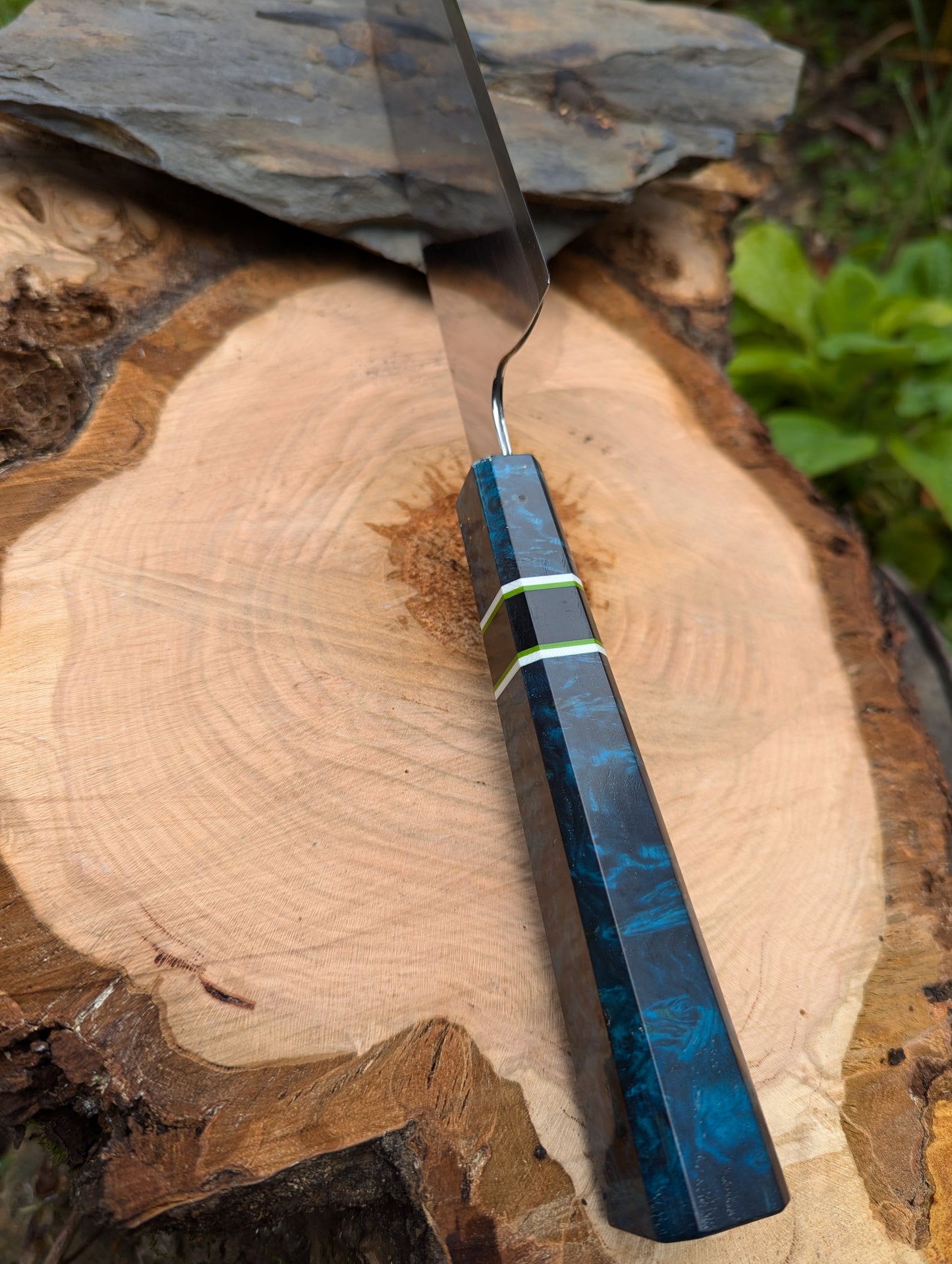 Handmade 10" chef's knife, Super blue Stainless Steel Clad. Amboyna burl handle