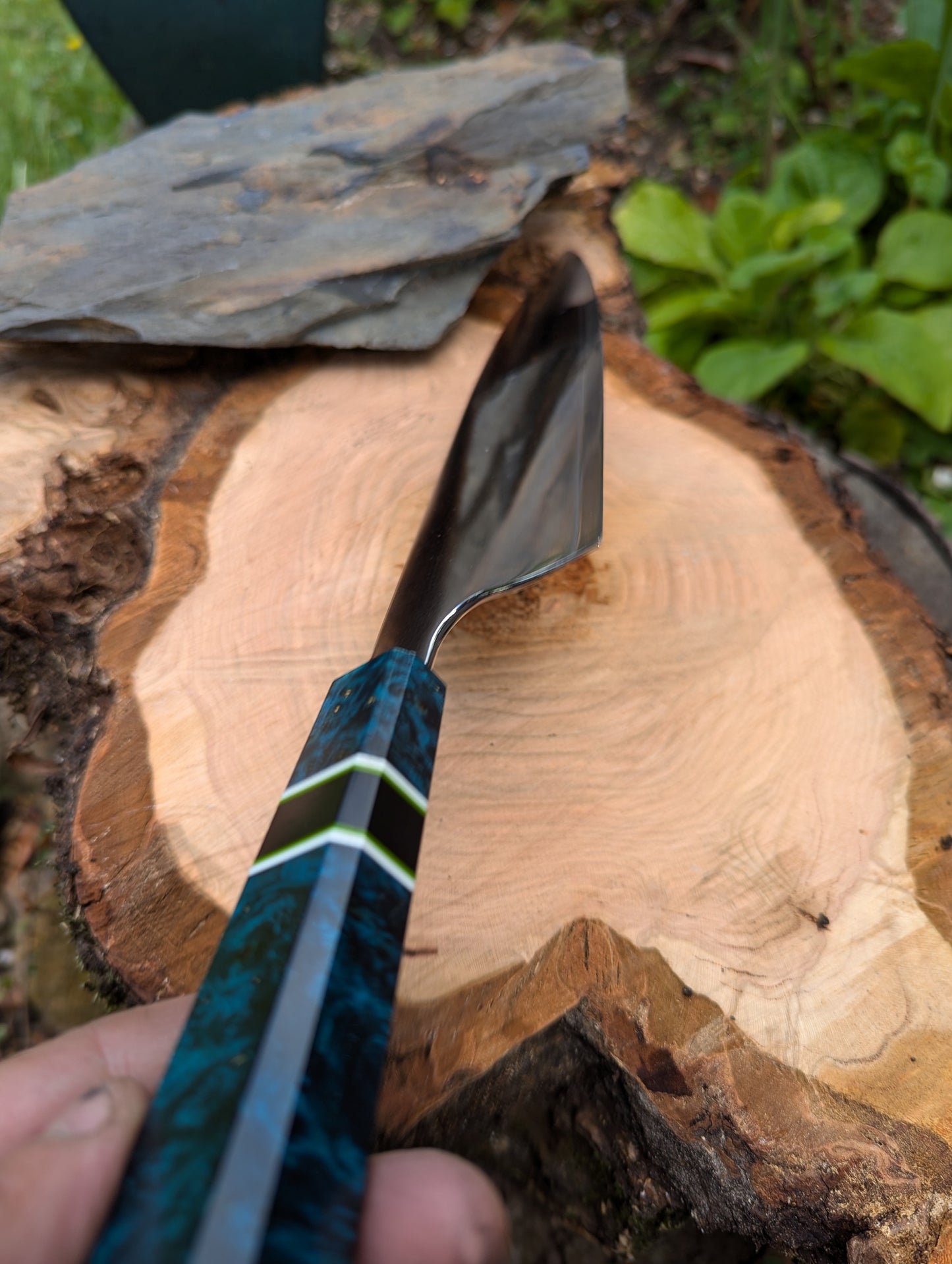 Handmade 10" chef's knife, Super blue Stainless Steel Clad. Amboyna burl handle