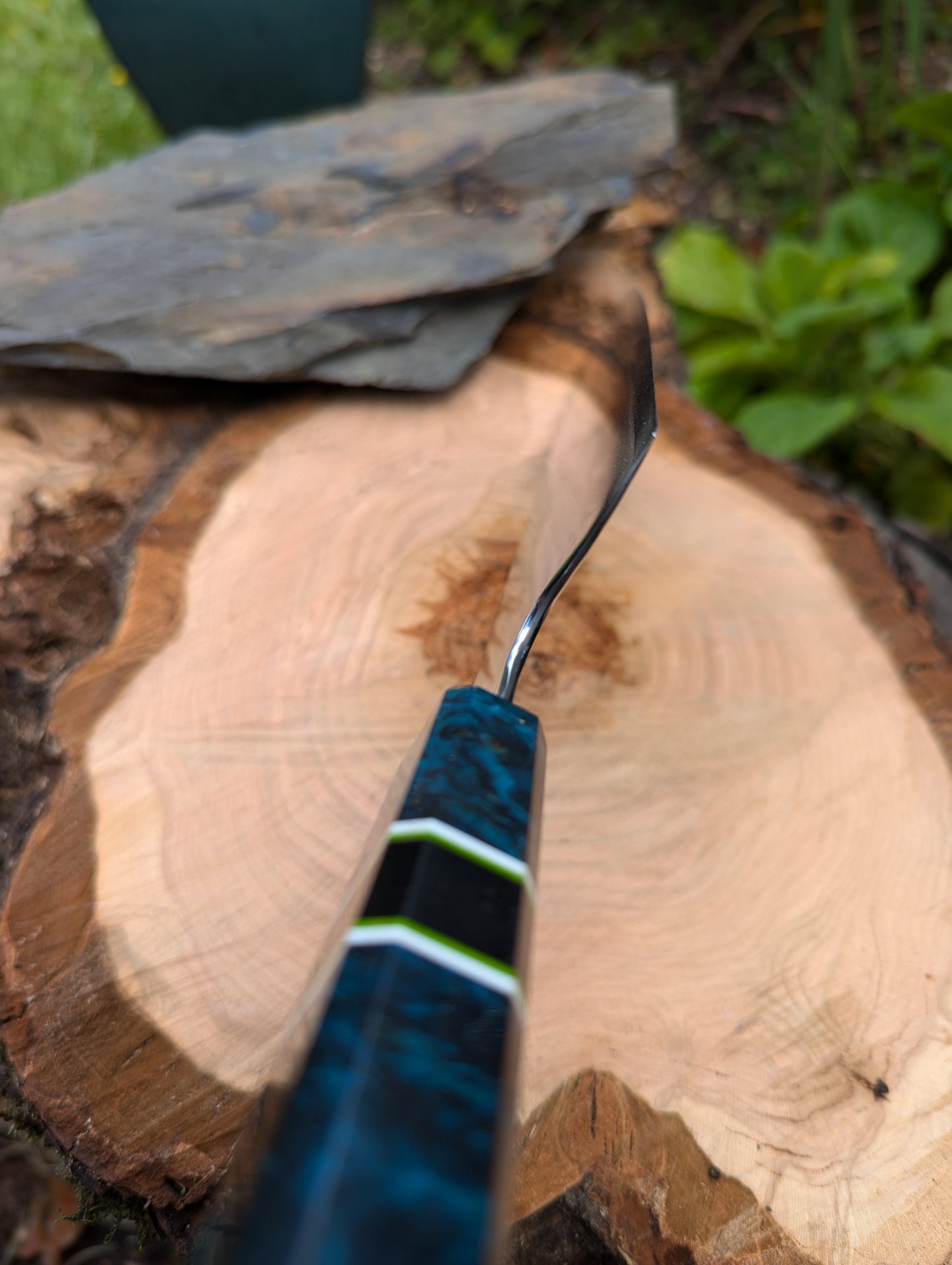 Handmade 10" chef's knife, Super blue Stainless Steel Clad. Amboyna burl handle