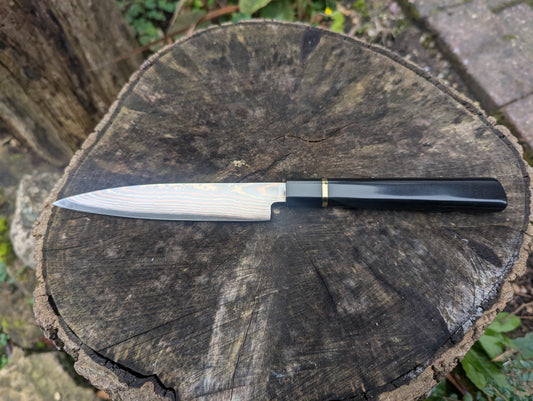 Handmade 6" petty knife, Richlite black diamond. Yu-Shoku: V-Toku2 Carbon Steel Clad with Mokume , DPS San Mai.