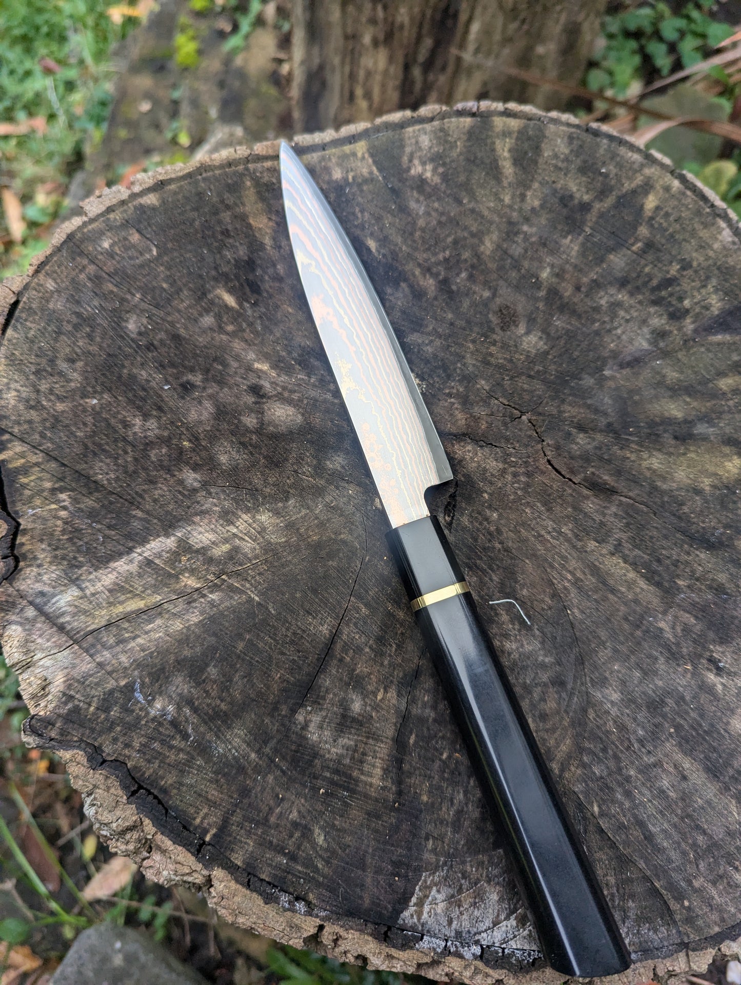 Handmade 6" petty knife, Richlite black diamond. Yu-Shoku: V-Toku2 Carbon Steel Clad with Mokume , DPS San Mai.