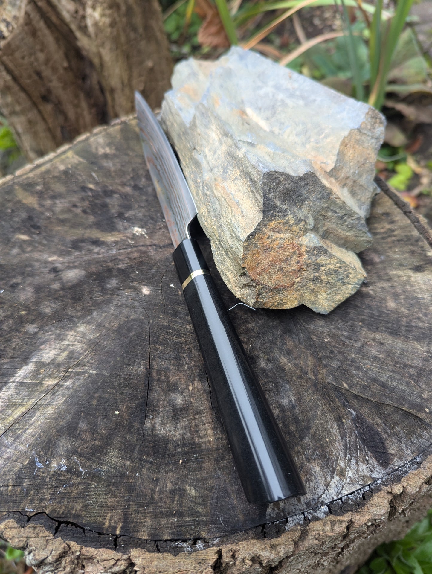 Handmade 6" petty knife, Richlite black diamond. Yu-Shoku: V-Toku2 Carbon Steel Clad with Mokume , DPS San Mai.