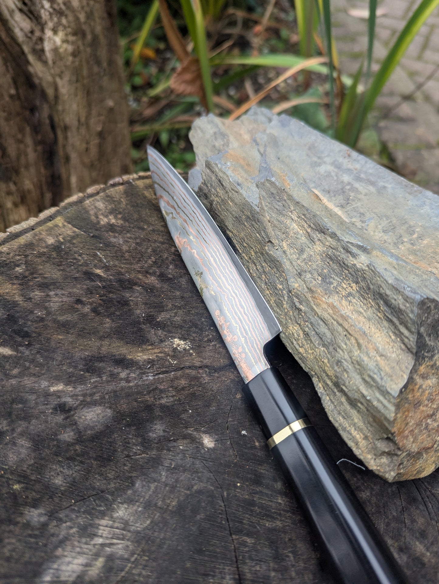 Handmade 6" petty knife, Richlite black diamond. Yu-Shoku: V-Toku2 Carbon Steel Clad with Mokume , DPS San Mai.