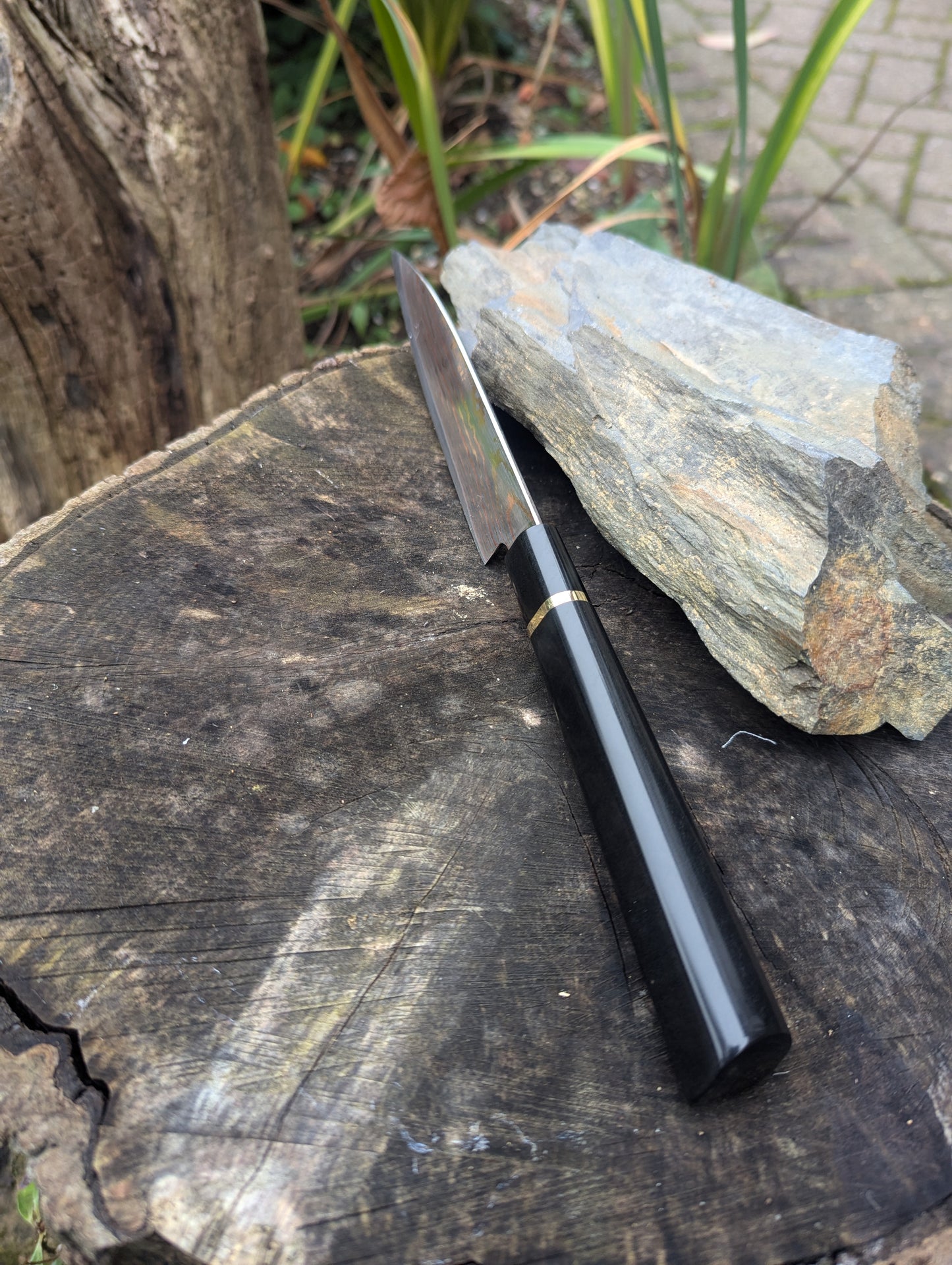 Handmade 6" petty knife, Richlite black diamond. Yu-Shoku: V-Toku2 Carbon Steel Clad with Mokume , DPS San Mai.