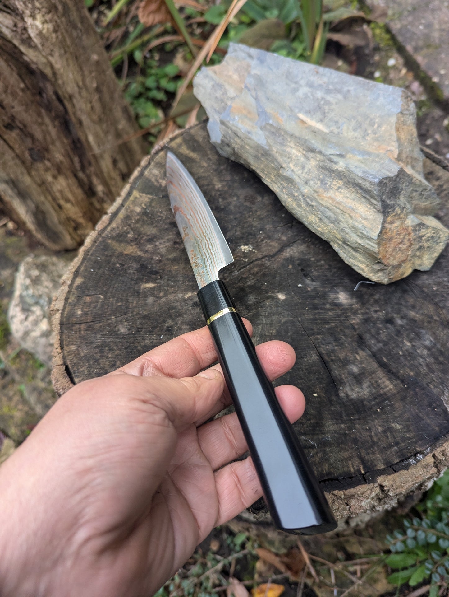 Handmade 6" petty knife, Richlite black diamond. Yu-Shoku: V-Toku2 Carbon Steel Clad with Mokume , DPS San Mai.