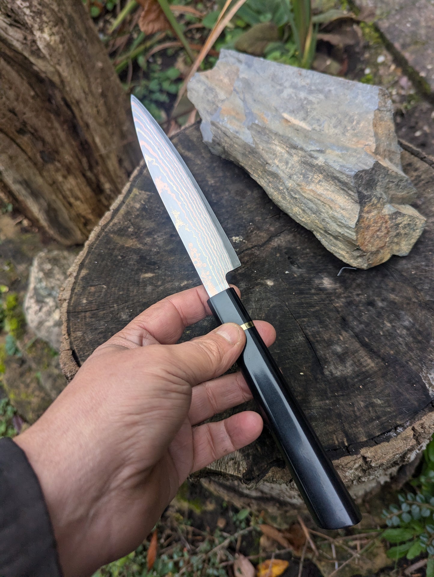 Handmade 6" petty knife, Richlite black diamond. Yu-Shoku: V-Toku2 Carbon Steel Clad with Mokume , DPS San Mai.