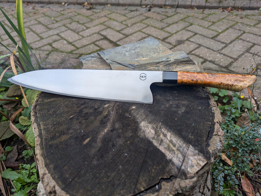 Handmade 10" chef's knife, Super blue Stainless Steel Clad. Amboyna burl handle