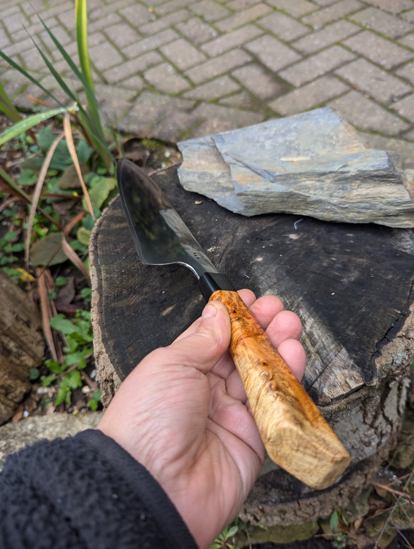 Handmade 10" chef's knife, Super blue Stainless Steel Clad. Amboyna burl handle