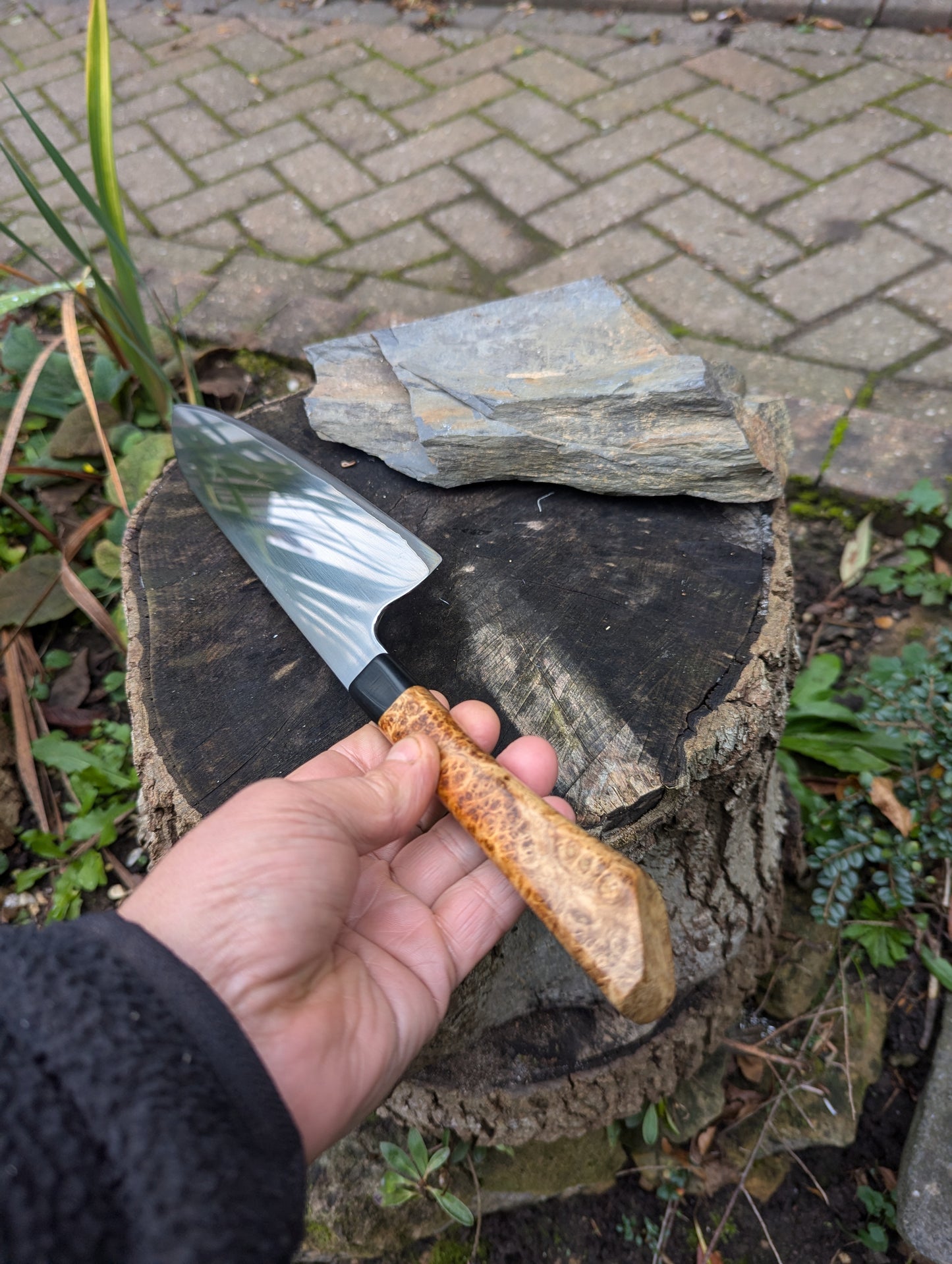 Handmade 10" chef's knife, Super blue Stainless Steel Clad. Amboyna burl handle