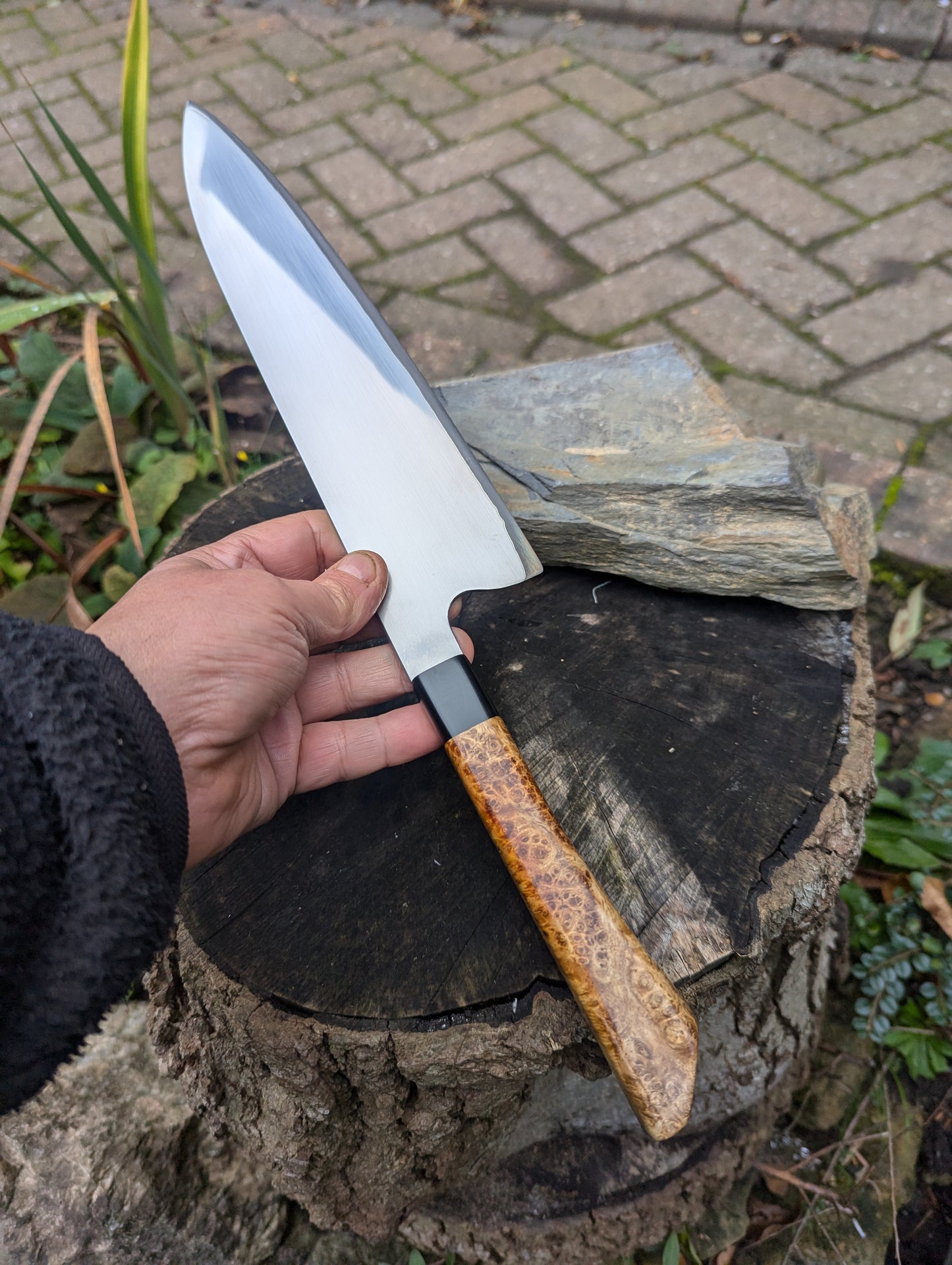 Handmade 10" chef's knife, Super blue Stainless Steel Clad. Amboyna burl handle