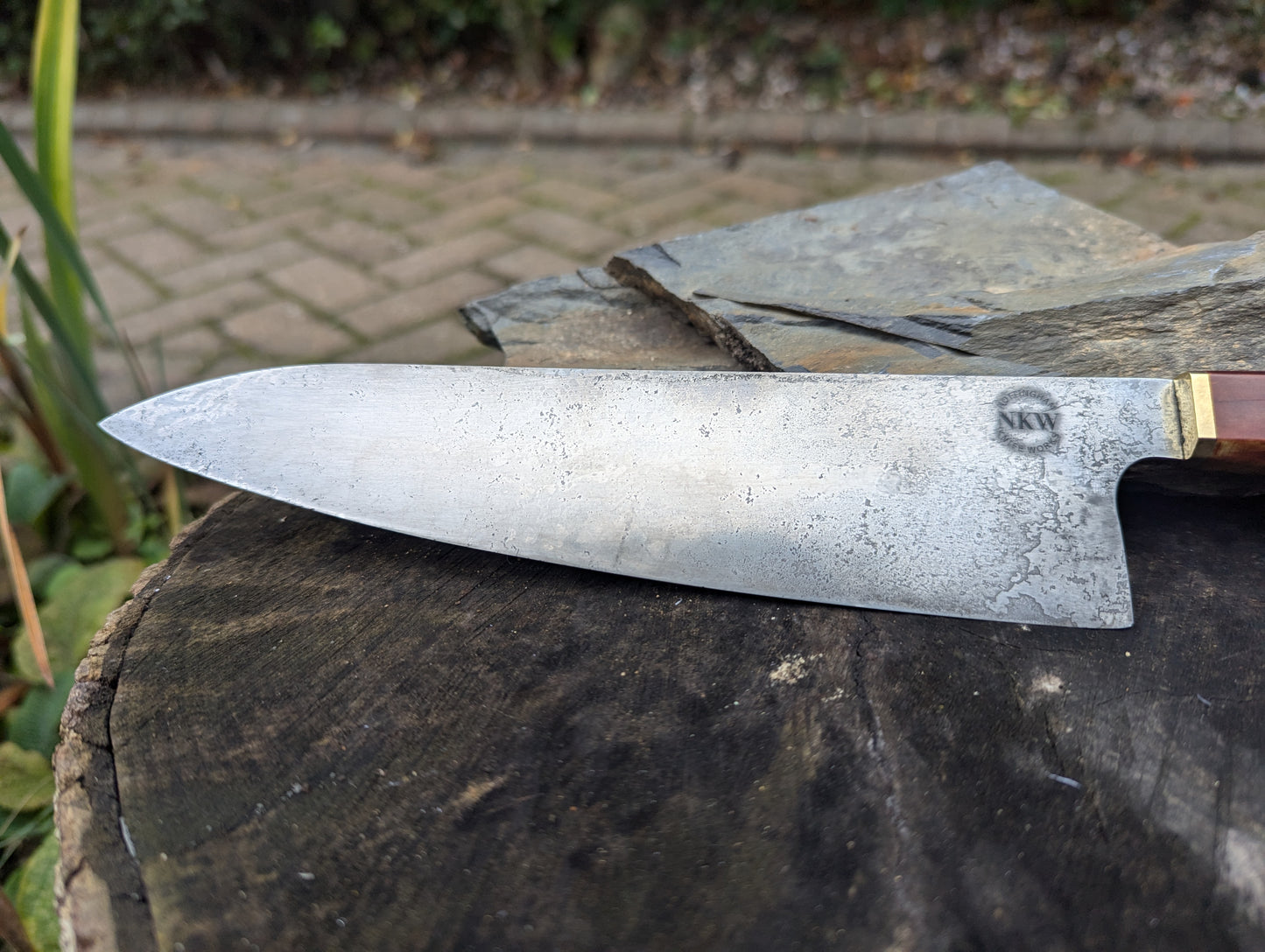 Handmade 8" chef's knife, Richlite natural with ApexUltra carbon steel.