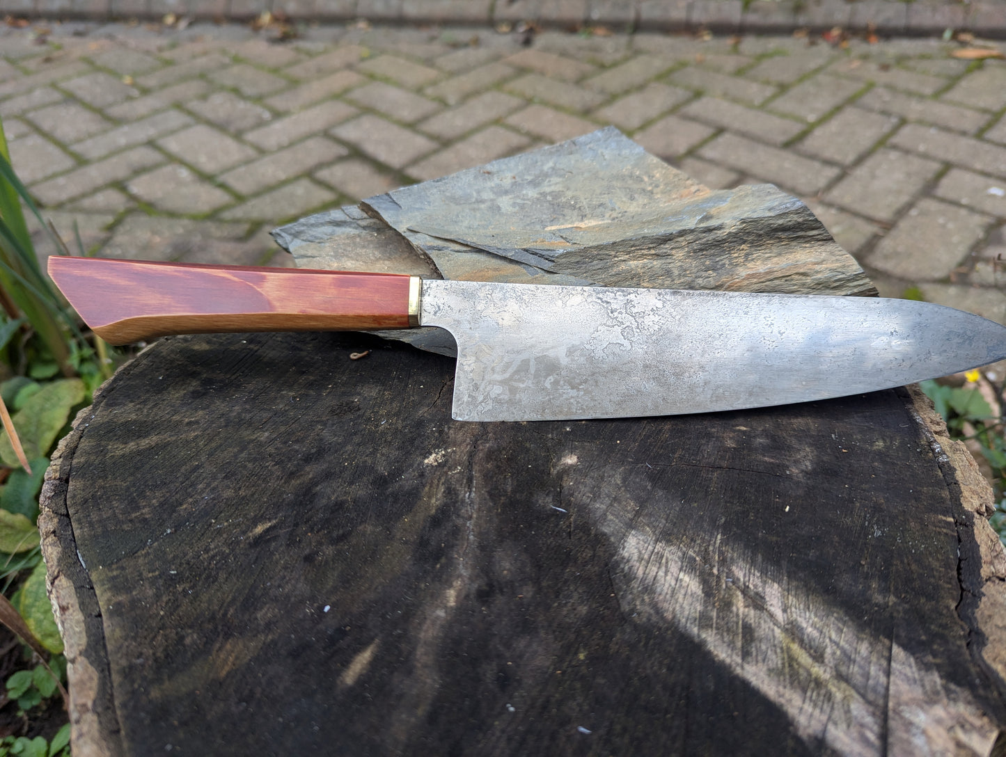 Handmade 8" chef's knife, Richlite natural with ApexUltra carbon steel.