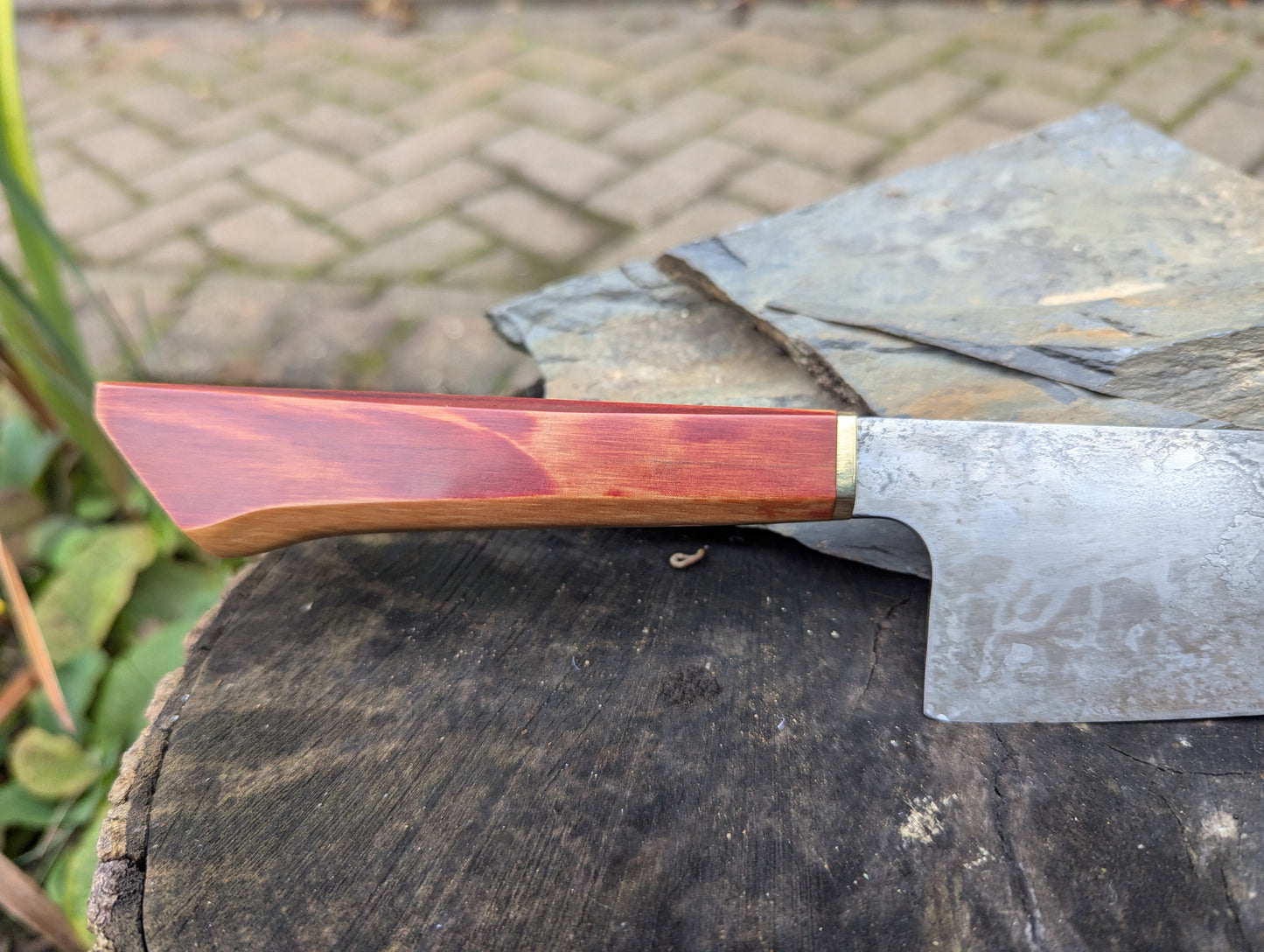 Handmade 8" chef's knife, Richlite natural with ApexUltra carbon steel.