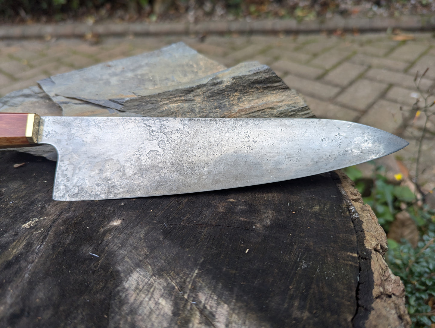 Handmade 8" chef's knife, Richlite natural with ApexUltra carbon steel.