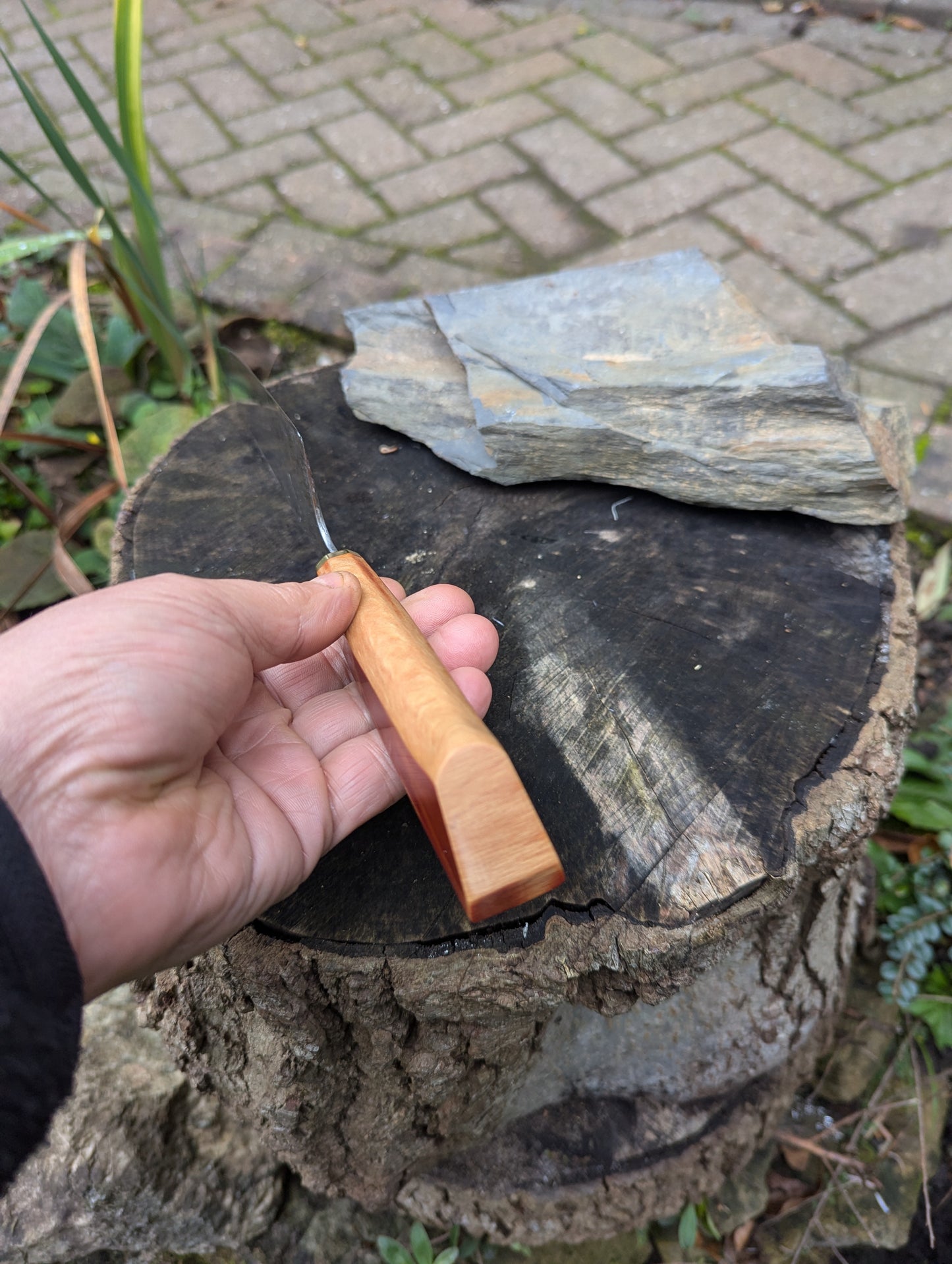 Handmade 8" chef's knife, Richlite natural with ApexUltra carbon steel.