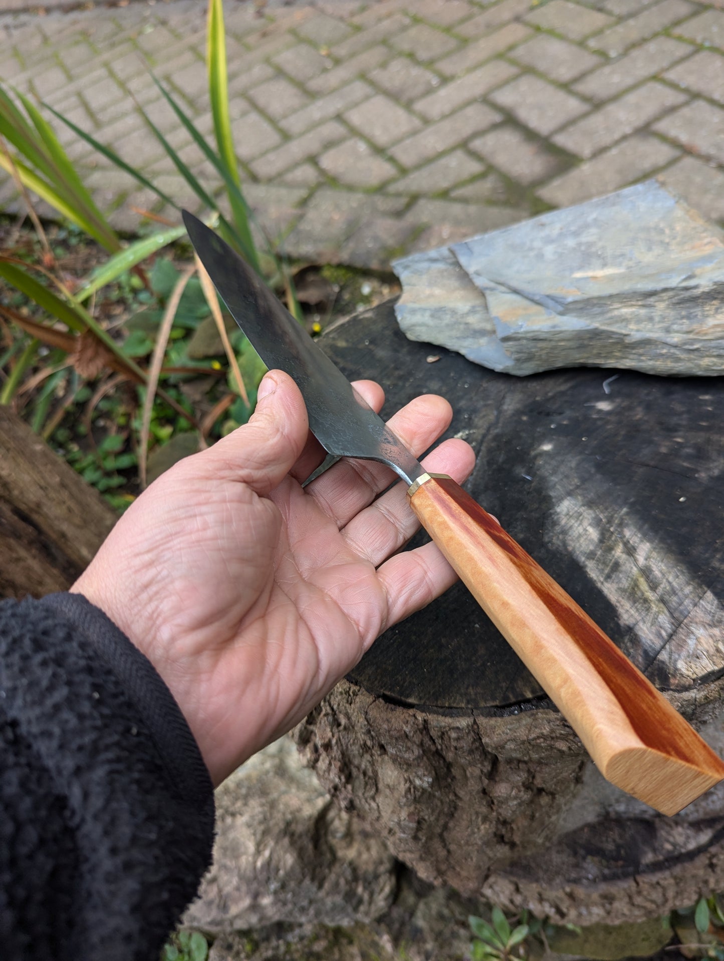 Handmade 8" chef's knife, Richlite natural with ApexUltra carbon steel.