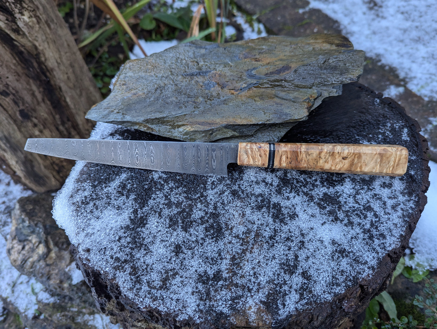 Handmade 7" utility / petty knife, Hand-forged ladder Damascus. chestnut burl with black G10 and nickel handle