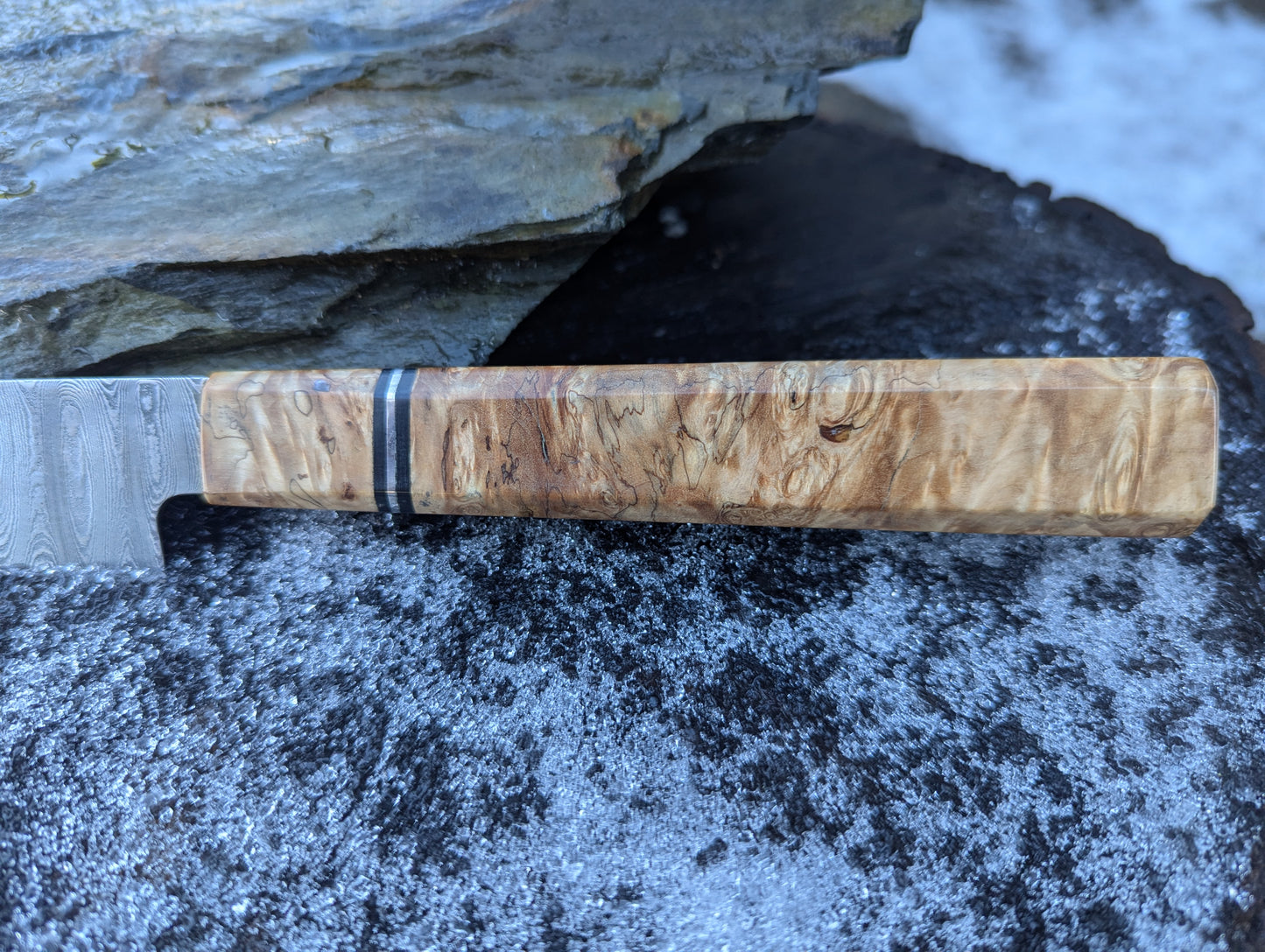 Handmade 7" utility / petty knife, Hand-forged ladder Damascus. chestnut burl with black G10 and nickel handle