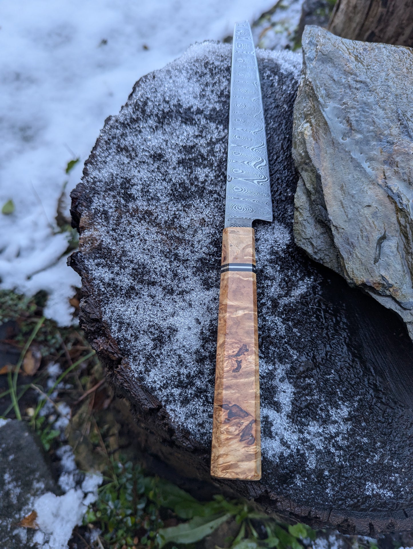 Handmade 7" utility / petty knife, Hand-forged ladder Damascus. chestnut burl with black G10 and nickel handle