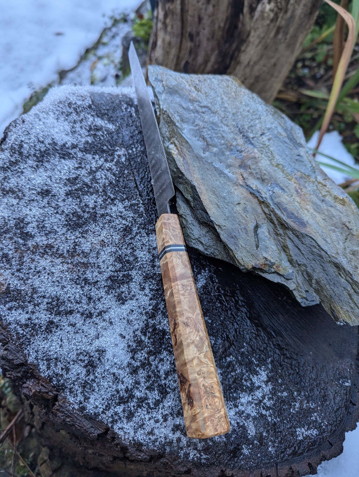 Handmade 7" utility / petty knife, Hand-forged ladder Damascus. chestnut burl with black G10 and nickel handle