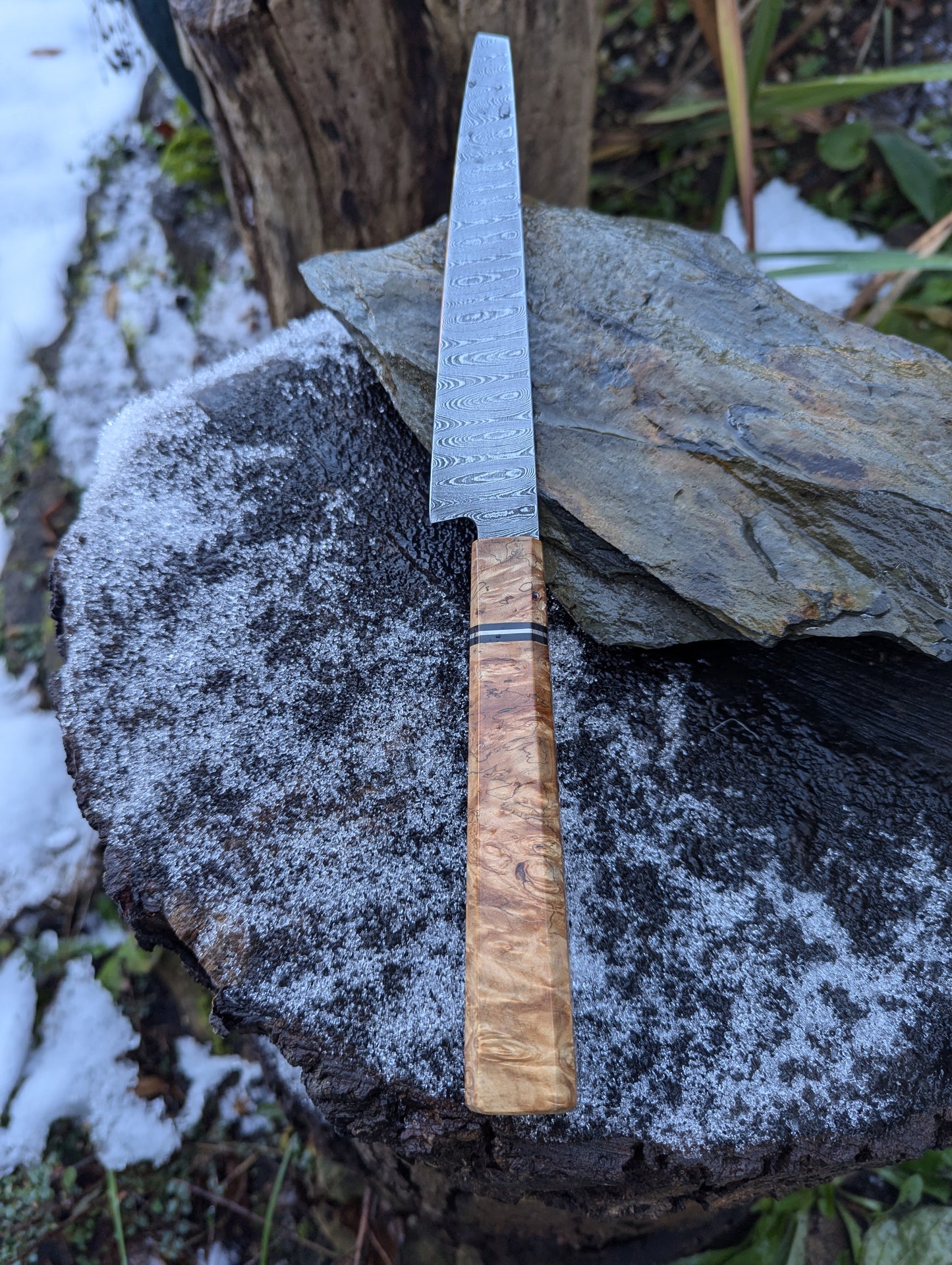 Handmade 7" utility / petty knife, Hand-forged ladder Damascus. chestnut burl with black G10 and nickel handle