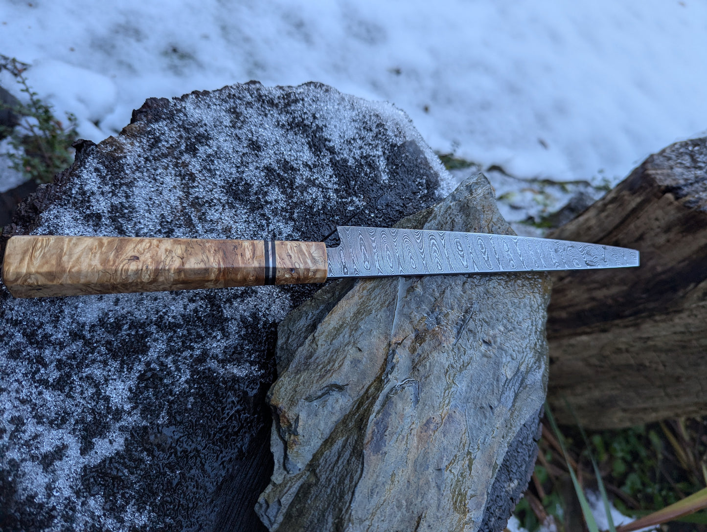 Handmade 7" utility / petty knife, Hand-forged ladder Damascus. chestnut burl with black G10 and nickel handle