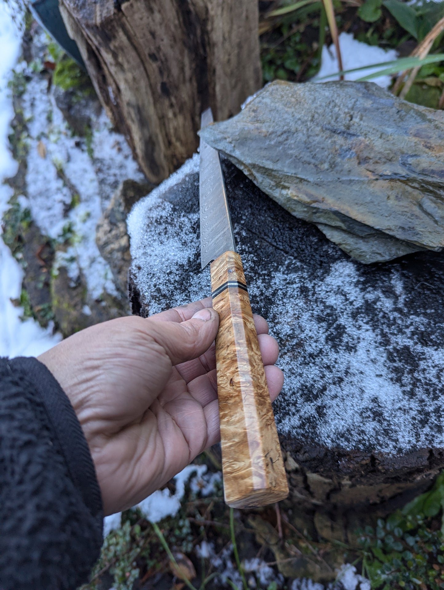 Handmade 7" utility / petty knife, Hand-forged ladder Damascus. chestnut burl with black G10 and nickel handle