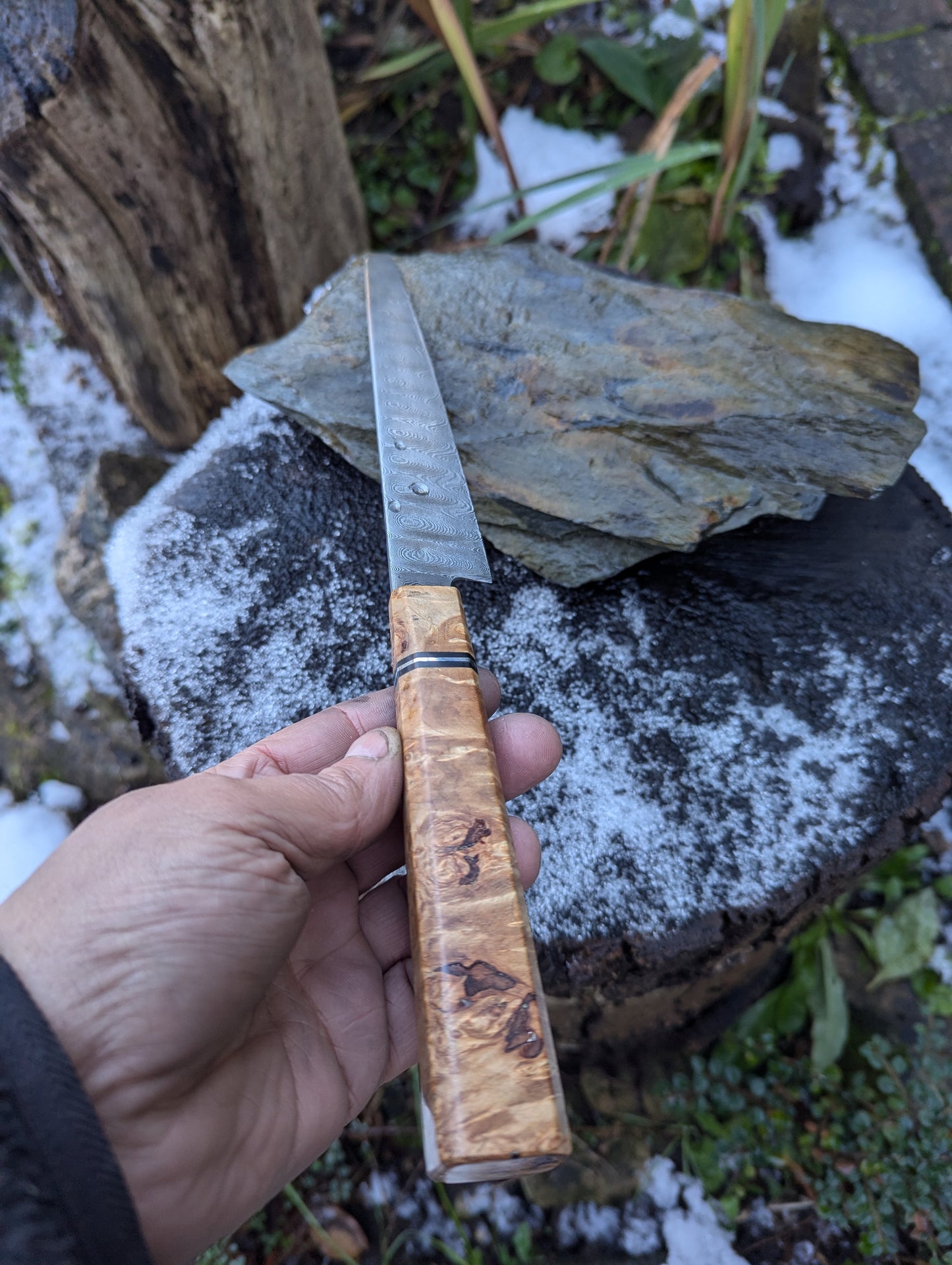 Handmade 7" utility / petty knife, Hand-forged ladder Damascus. chestnut burl with black G10 and nickel handle