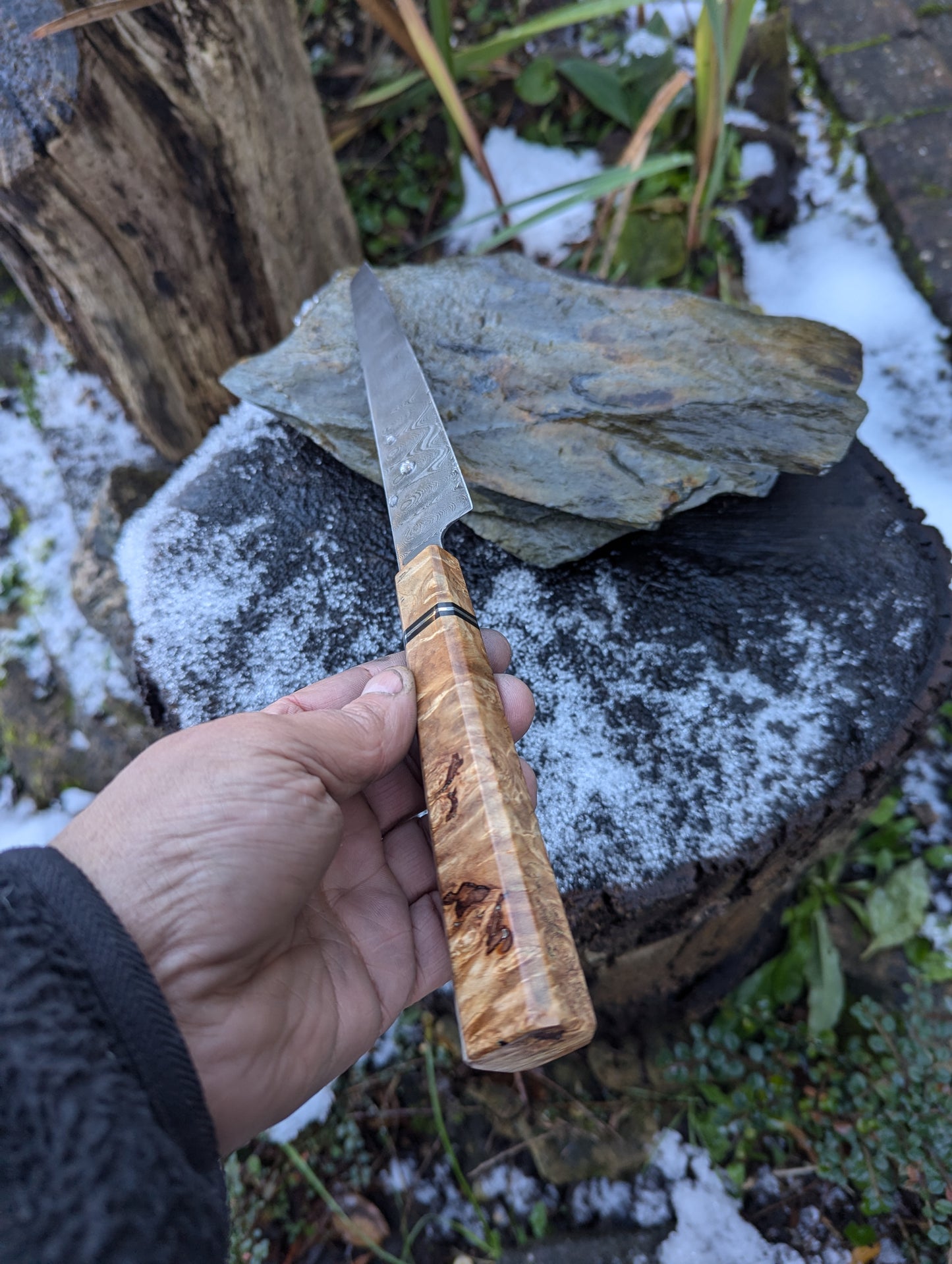 Handmade 7" utility / petty knife, Hand-forged ladder Damascus. chestnut burl with black G10 and nickel handle