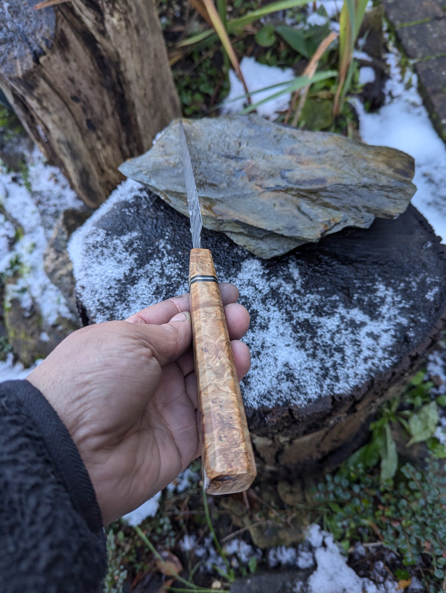 Handmade 7" utility / petty knife, Hand-forged ladder Damascus. chestnut burl with black G10 and nickel handle