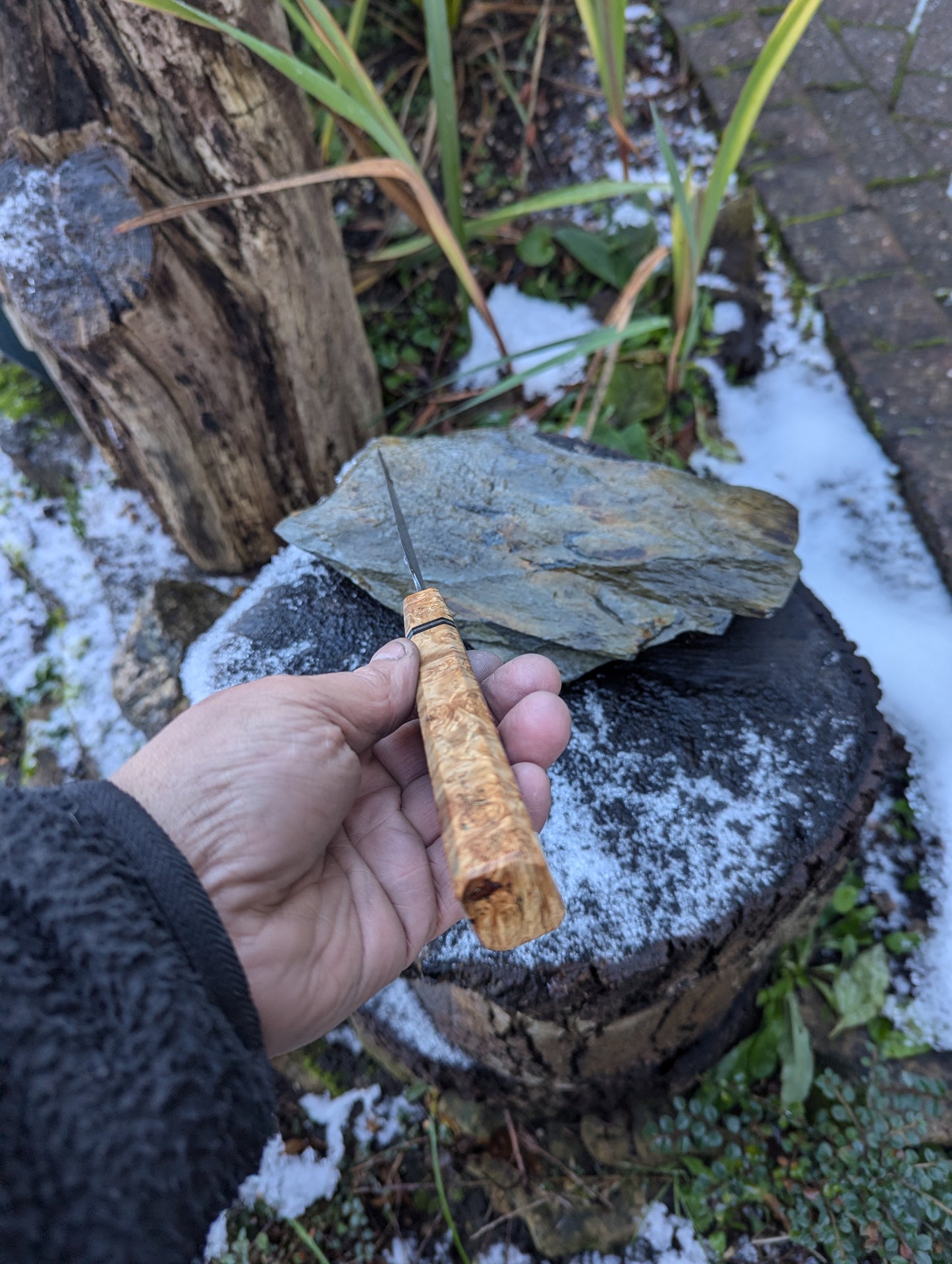 Handmade 7" utility / petty knife, Hand-forged ladder Damascus. chestnut burl with black G10 and nickel handle