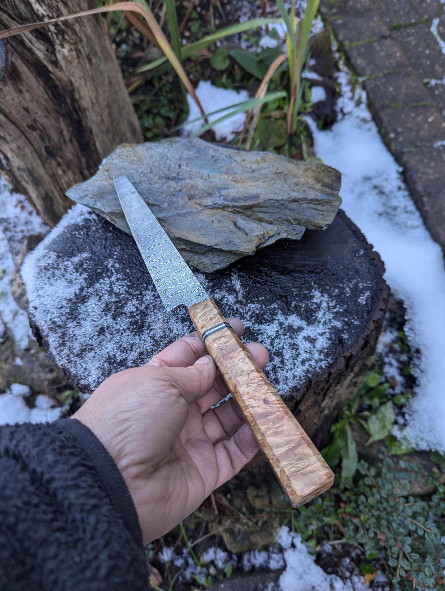 Handmade 7" utility / petty knife, Hand-forged ladder Damascus. chestnut burl with black G10 and nickel handle