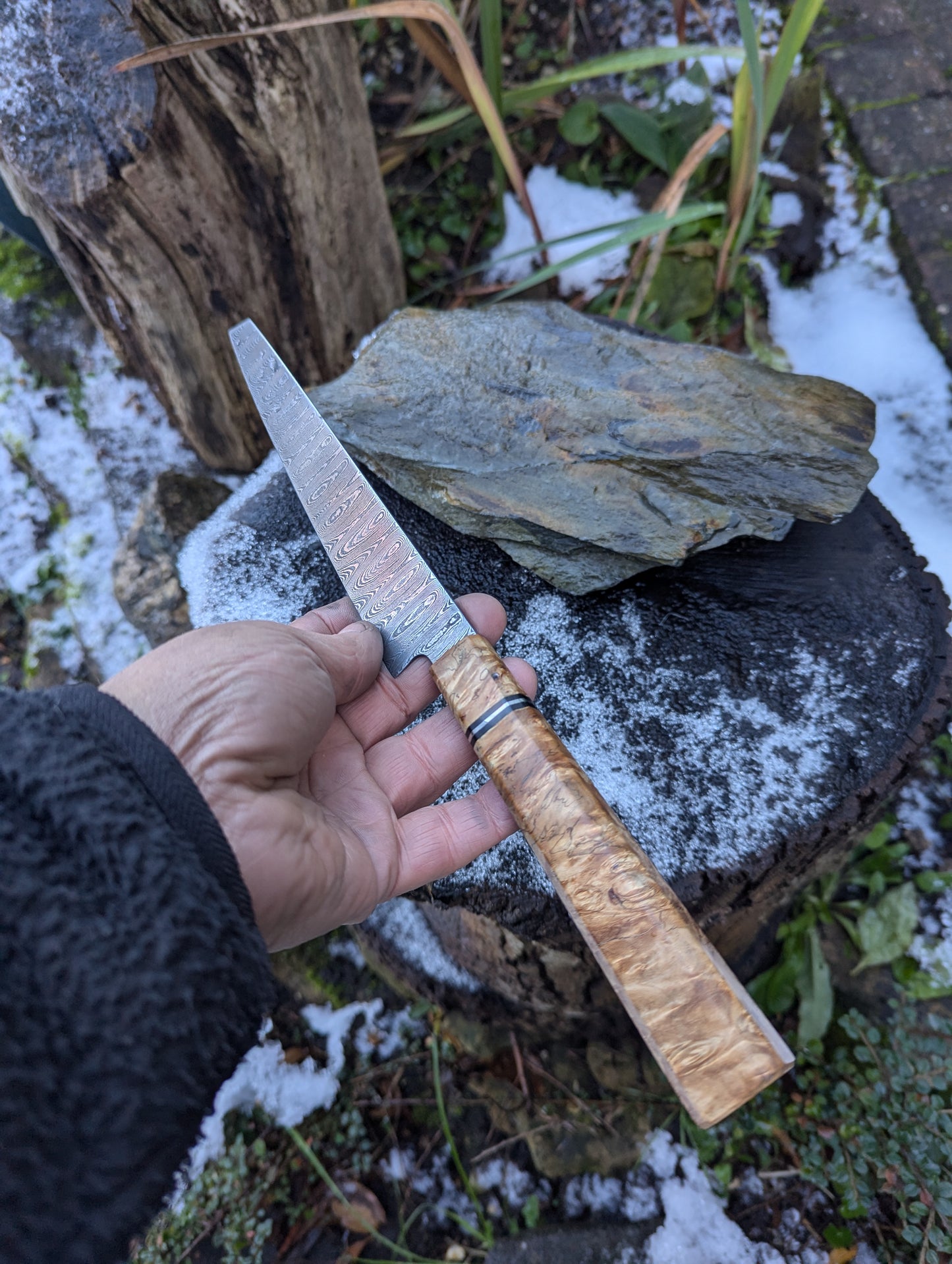 Handmade 7" utility / petty knife, Hand-forged ladder Damascus. chestnut burl with black G10 and nickel handle