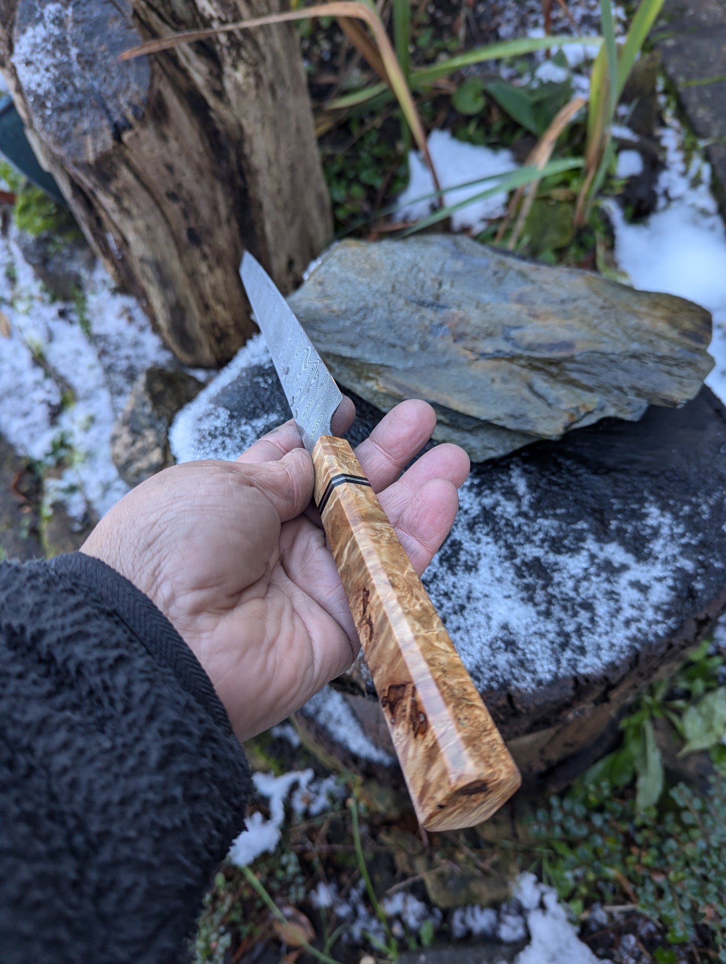 Handmade 7" utility / petty knife, Hand-forged ladder Damascus. chestnut burl with black G10 and nickel handle