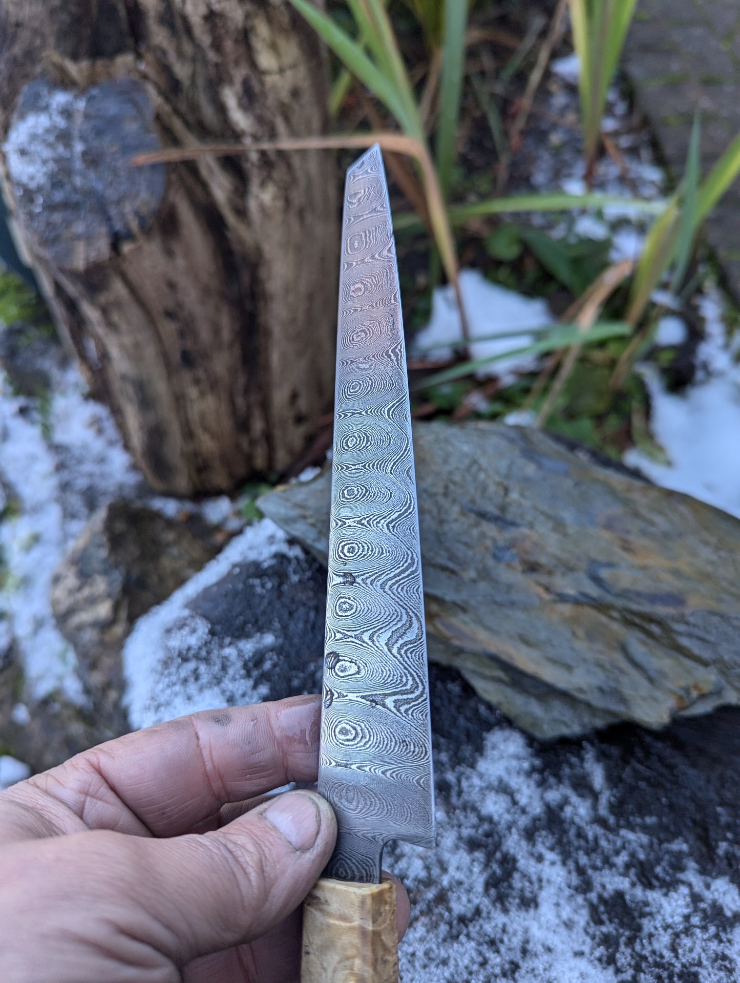 Handmade 7" utility / petty knife, Hand-forged ladder Damascus. chestnut burl with black G10 and nickel handle