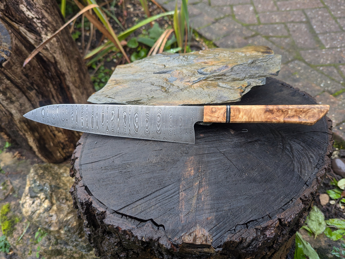 Handmade 8" Gyuto, Hand-forged ladder Damascus. chestnut burl with black G10 and nickel handle