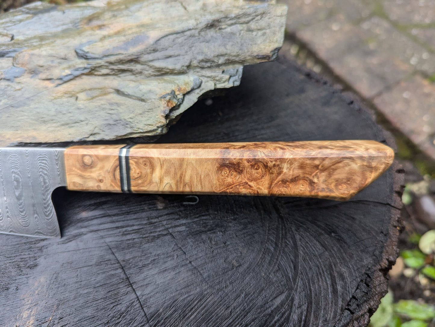 Handmade 8" Gyuto, Hand-forged ladder Damascus. chestnut burl with black G10 and nickel handle