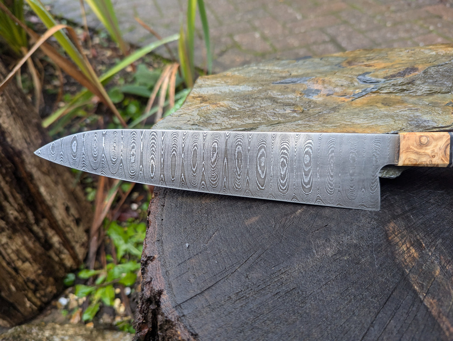 Handmade 8" Gyuto, Hand-forged ladder Damascus. chestnut burl with black G10 and nickel handle