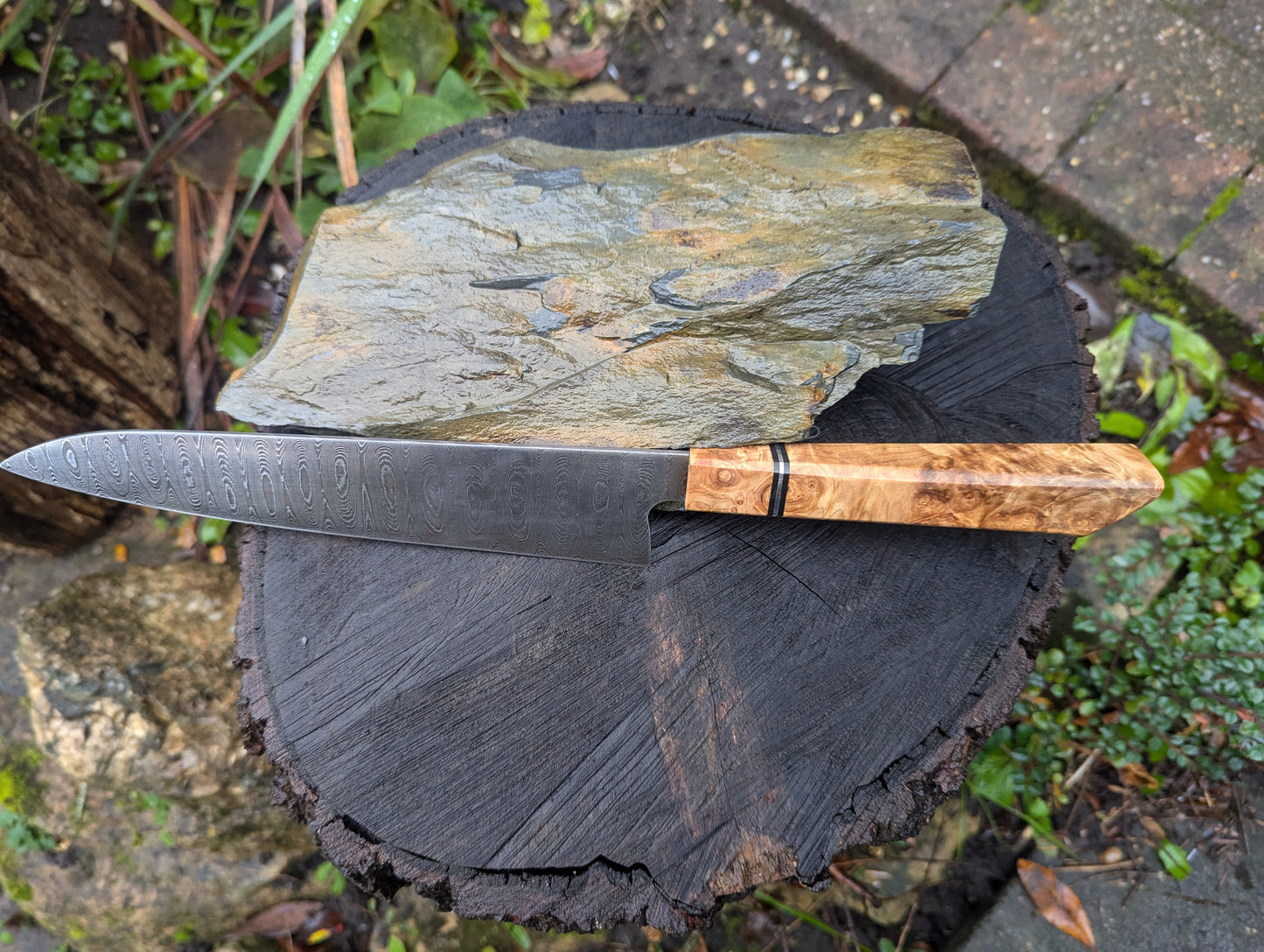 Handmade 8" Gyuto, Hand-forged ladder Damascus. chestnut burl with black G10 and nickel handle