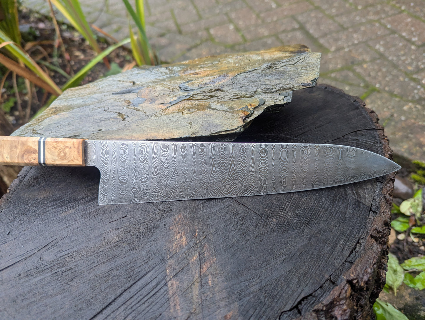 Handmade 8" Gyuto, Hand-forged ladder Damascus. chestnut burl with black G10 and nickel handle