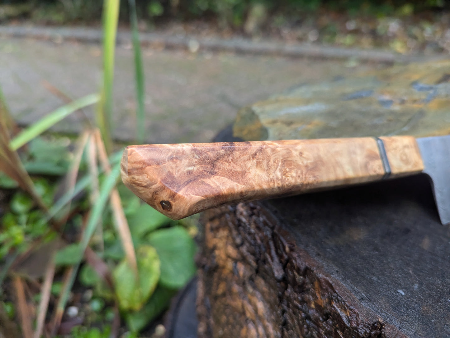 Handmade 8" Gyuto, Hand-forged ladder Damascus. chestnut burl with black G10 and nickel handle