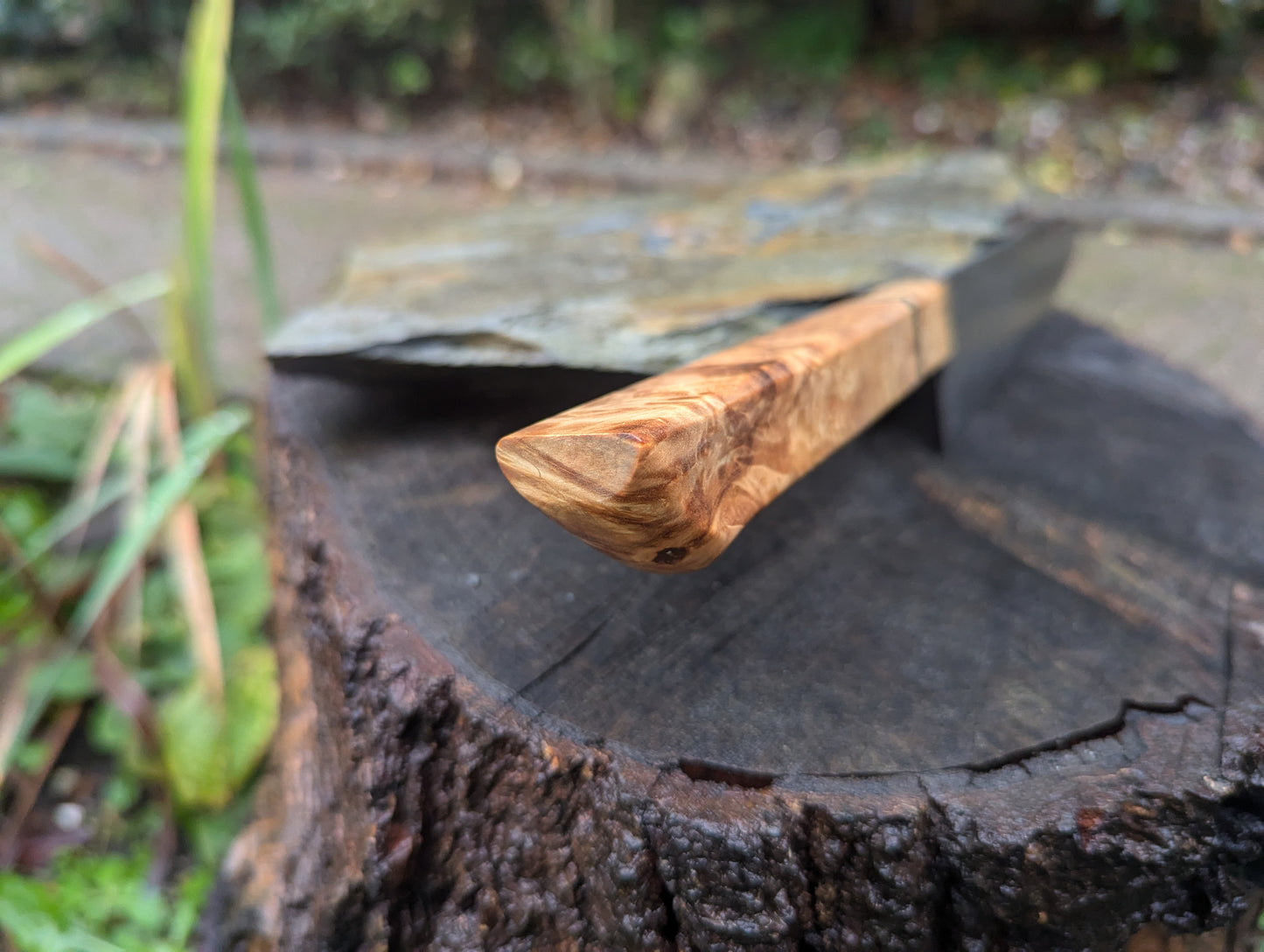 Handmade 8" Gyuto, Hand-forged ladder Damascus. chestnut burl with black G10 and nickel handle