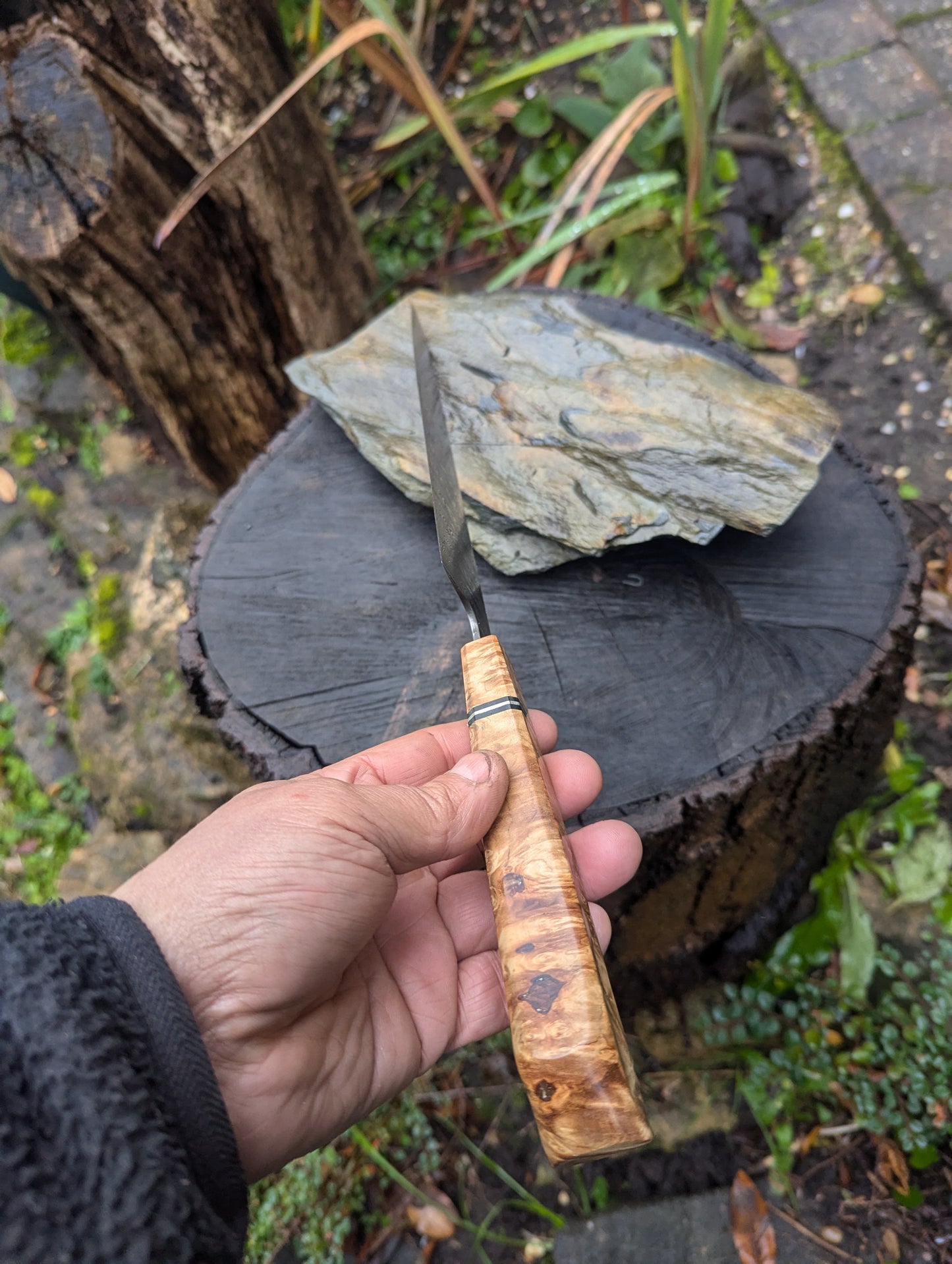 Handmade 8" Gyuto, Hand-forged ladder Damascus. chestnut burl with black G10 and nickel handle