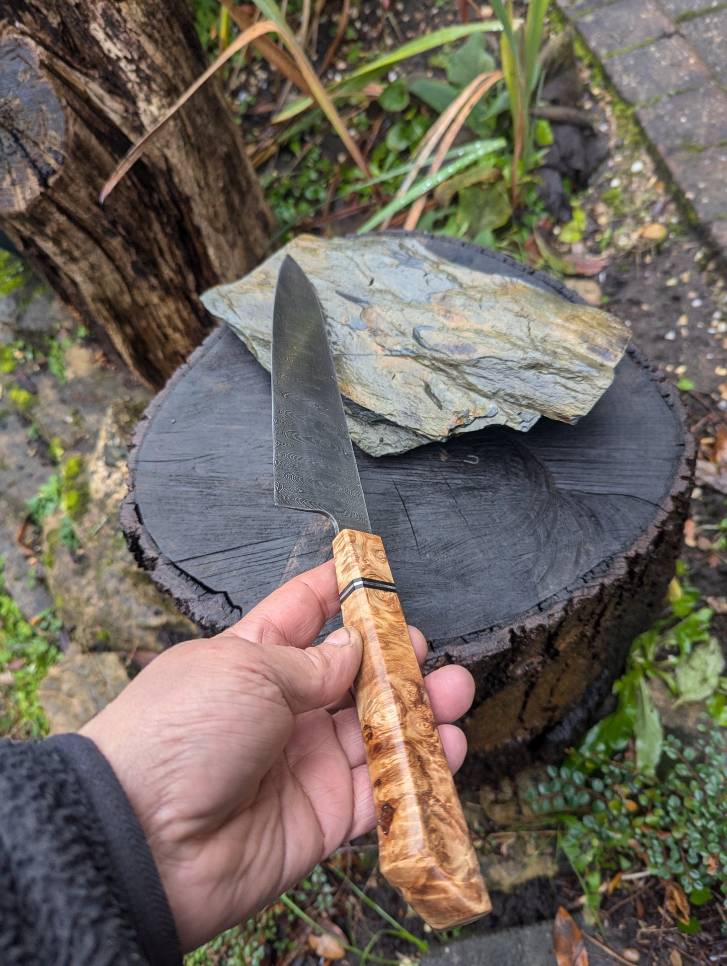 Handmade 8" Gyuto, Hand-forged ladder Damascus. chestnut burl with black G10 and nickel handle