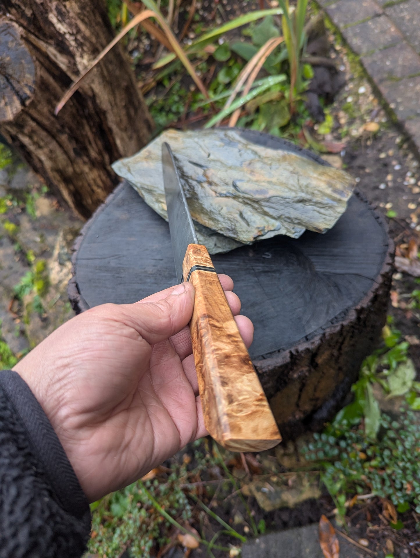 Handmade 8" Gyuto, Hand-forged ladder Damascus. chestnut burl with black G10 and nickel handle